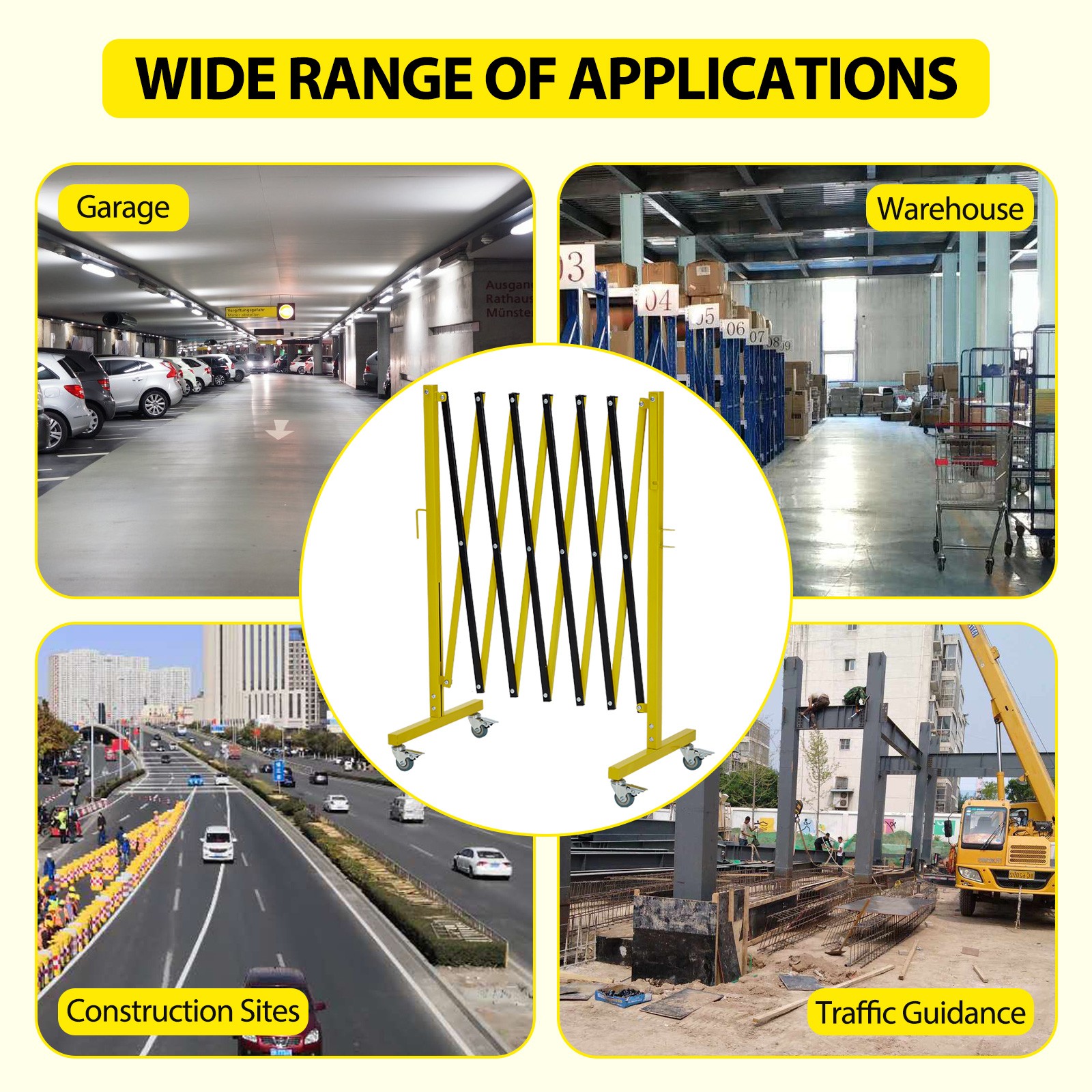 11.8×3.4ft Expandable Metal Barricade Safety Traffic Barrier W/ Casters Yellow
