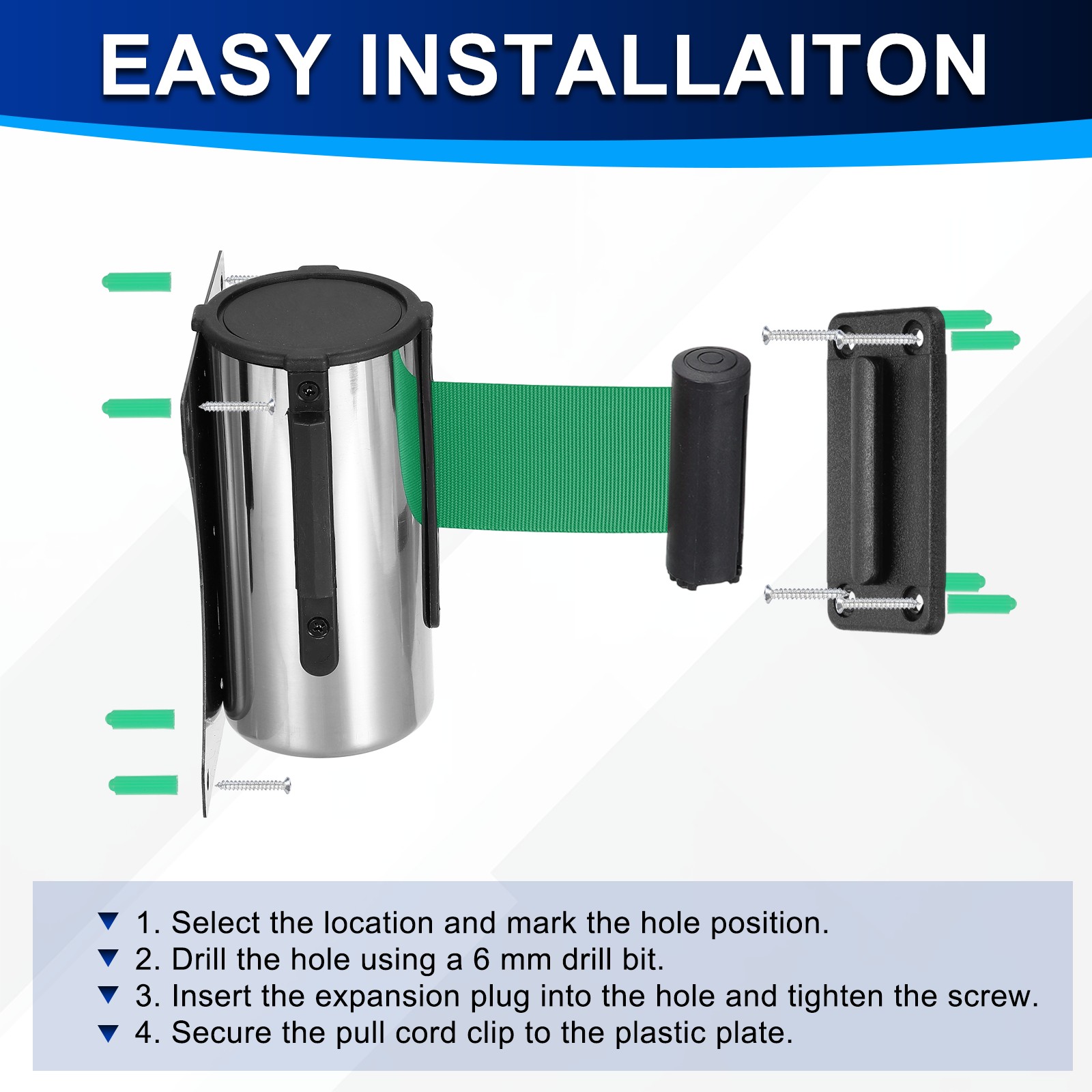 Fixed Wall Mount Retractable Belt Barrier (10 Feet, Green) (1 Pcs)