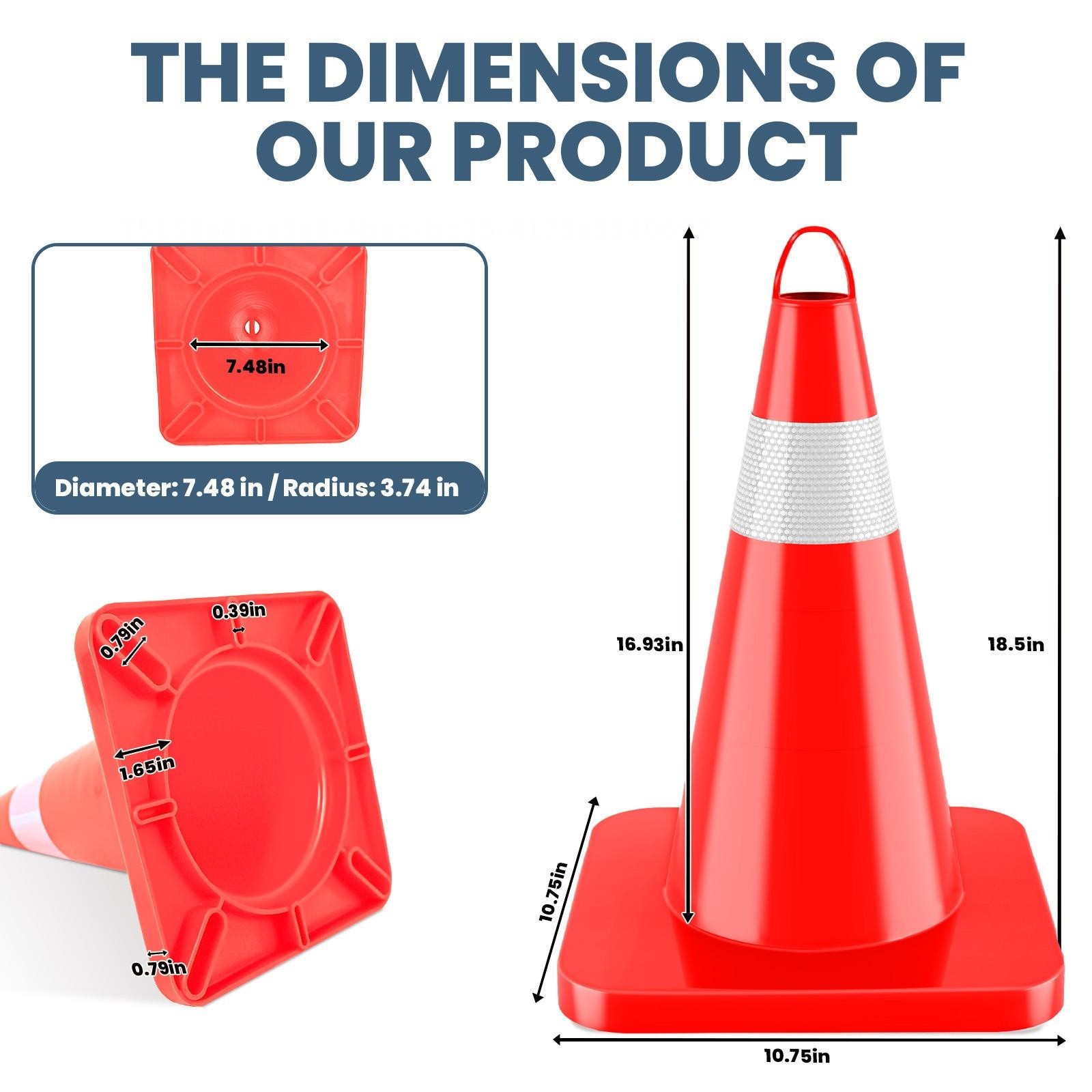 18in 12Pcs Traffic Cone Plastic PVC Road Cones w/Reflective Collar and Handle