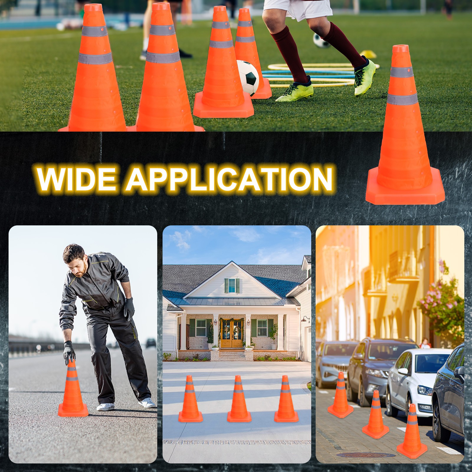 18″ Collapsible Traffic Cones, Safety Cones with Reflective Collar