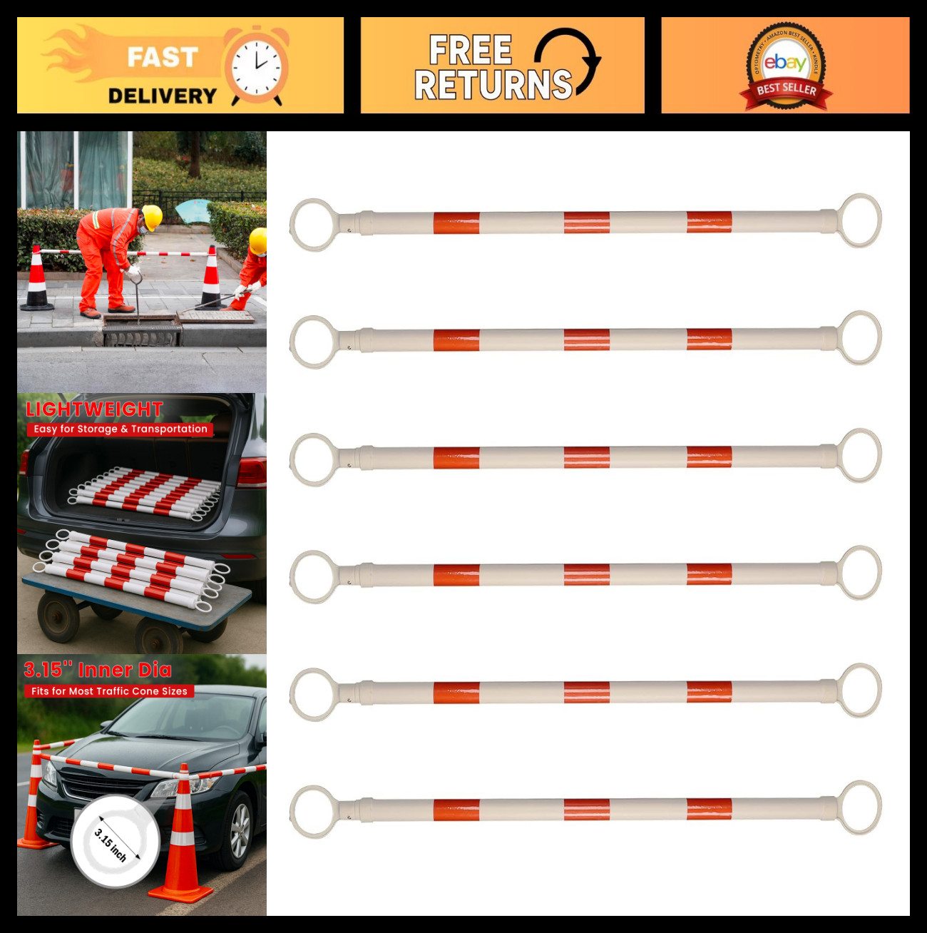6 Pcs Expandable Traffic Cone Bar 4ft-7.2ft, Lightweight Safety Barricade for Ro