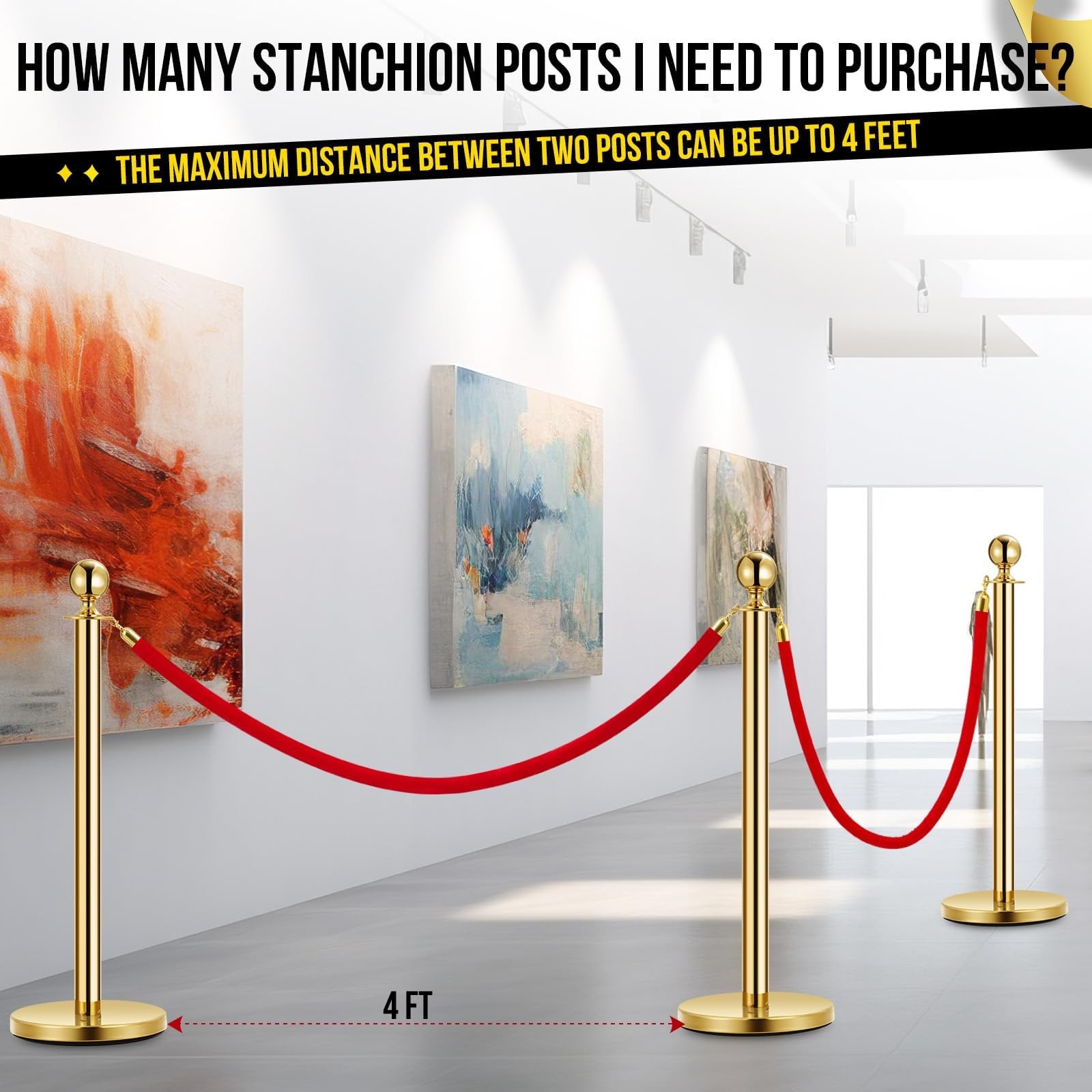 Crowd Control with Ropes, 4PCS Gold Stanchions and 3PCS Red Flannel Rop Barriers
