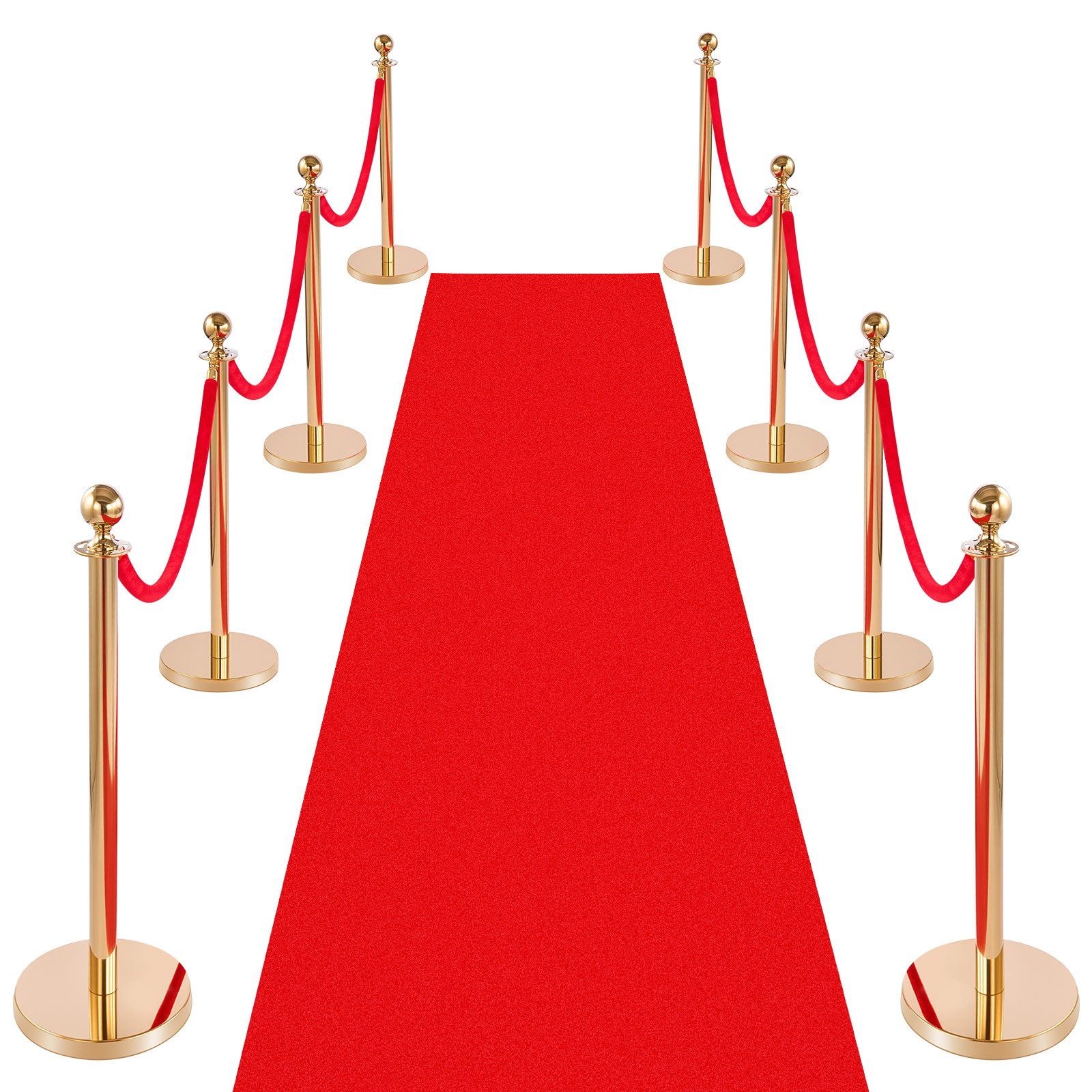 VEVOR 8 Pcs Stanchion Post with Red Carpet & 6 Red Velvet Ropes Hollow Base Gold