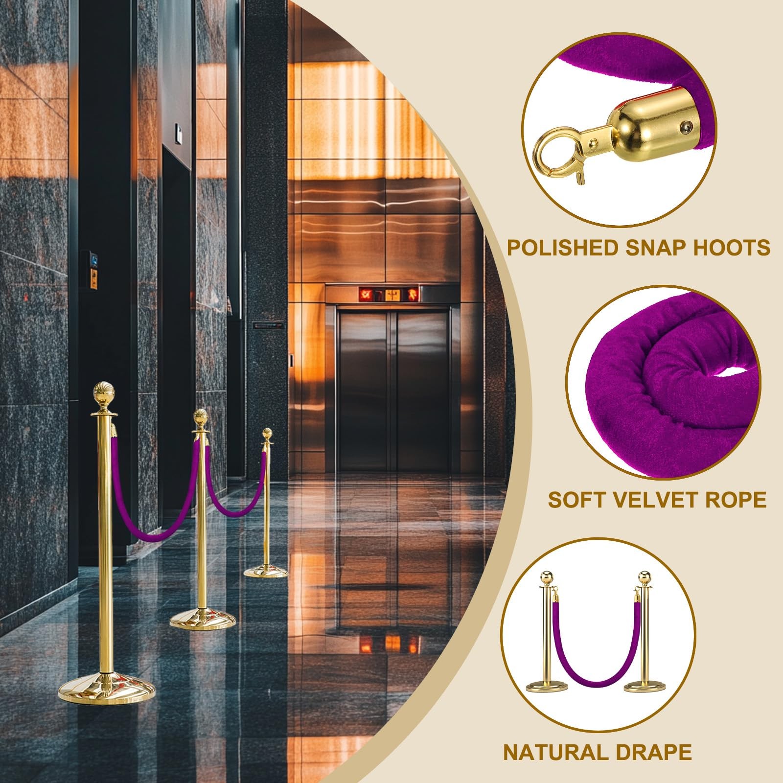 2 PCS Black Golden Velvet Stanchion Rope 6.6 FT 2M Barrier Snap Hooks Post
