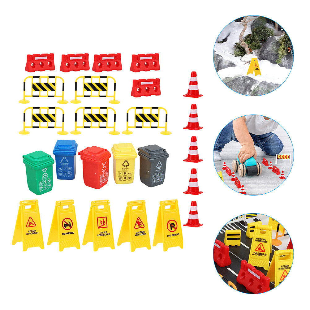 Set Traffic Signs Toys Kids Pretend Play Street Signs Traffic Barrier Toys