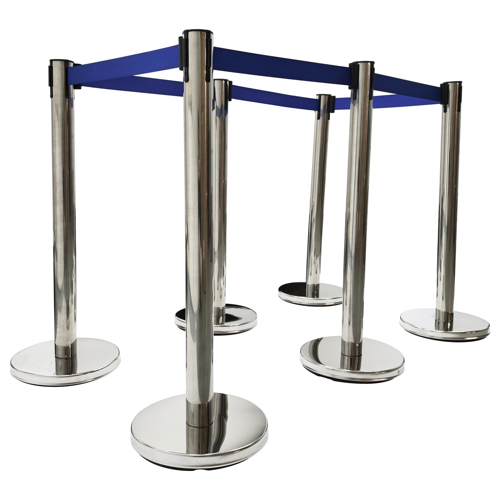 6 PCS Stainless Steel Stanchions with Blue Belts Posts Covers and Bases Blue Ret