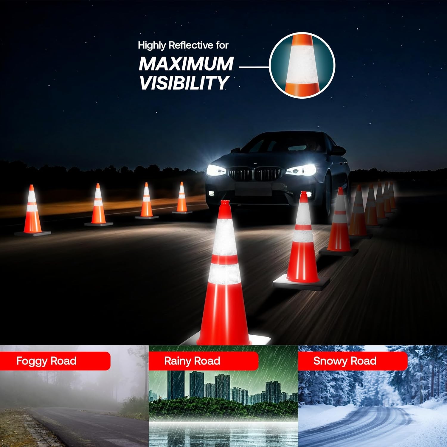 28 Inch Performance Cones 4 Pack Orange PVC Traffic Safety Cones W/ 7 lb. Black