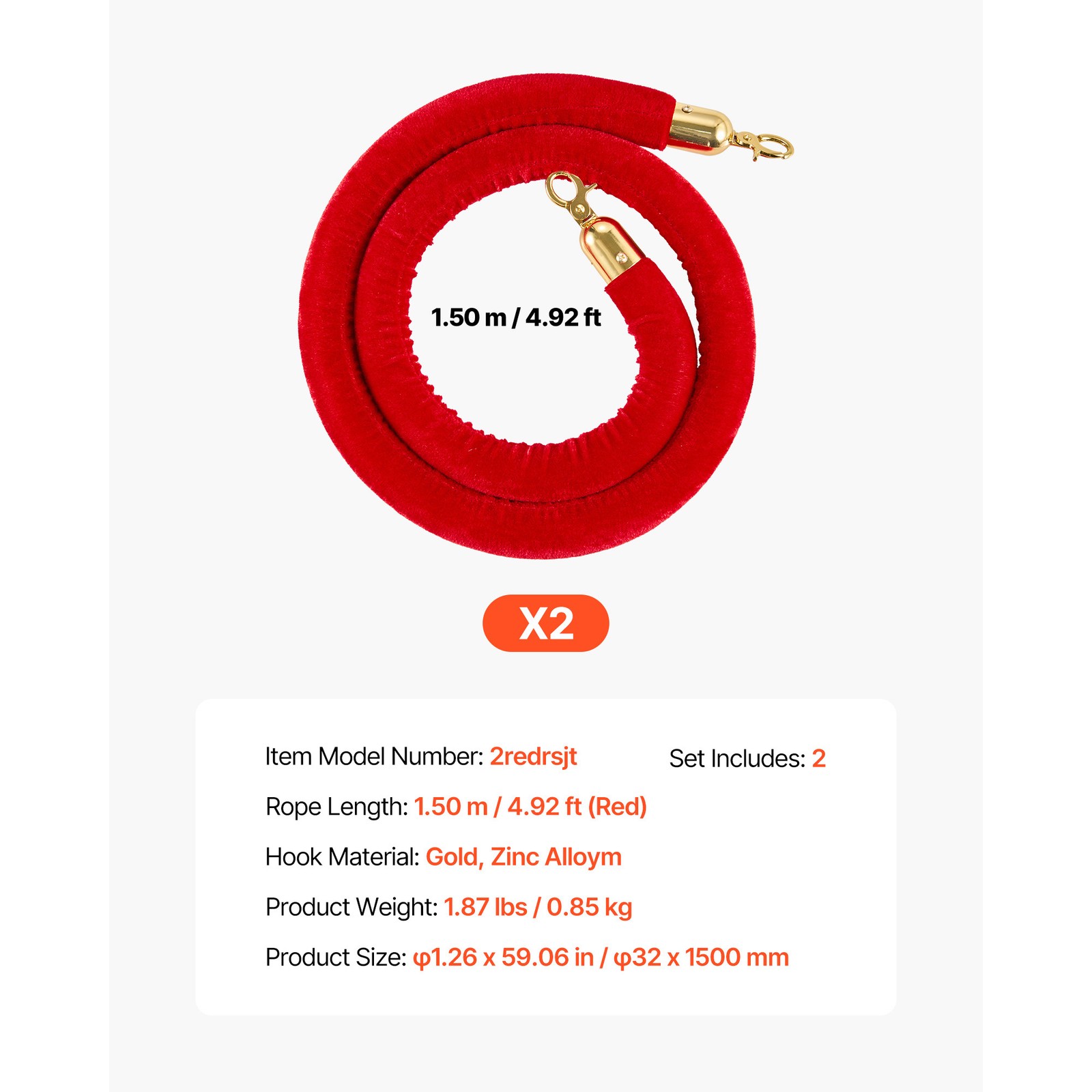 Uimoso 2 Pcs Red Velvet Barrier Stanchion Ropes 5 ft with Gold Connectors