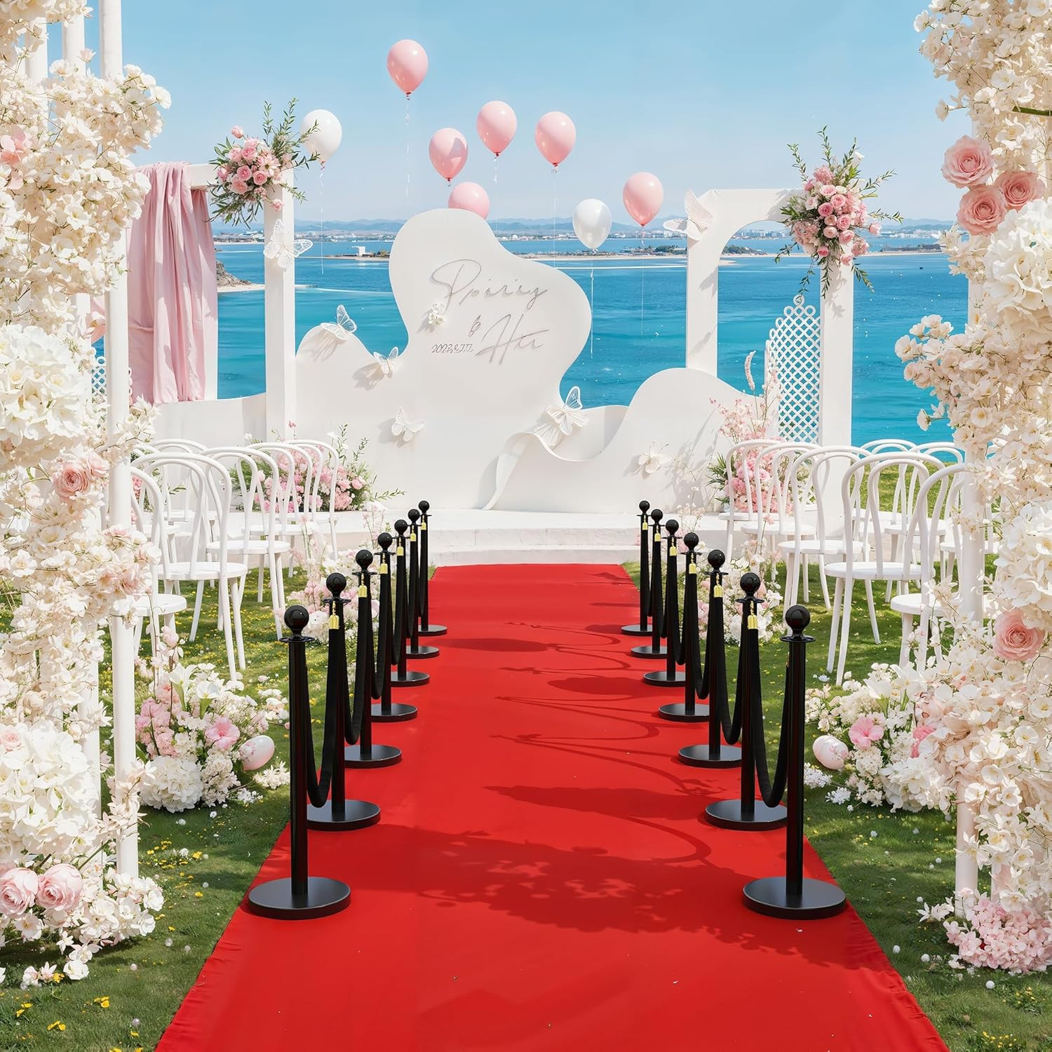 8Pcs Stanchions and Velvet Ropes with 15Ft Red Carpet,Complete Crowd Control Bar