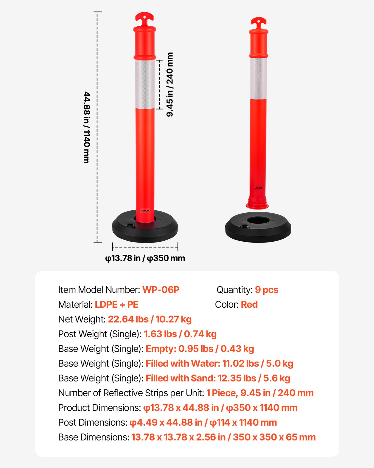 VEVOR 9 Packs Traffic Delineator Posts 48 in Traffic Safety Cones Fillable Base