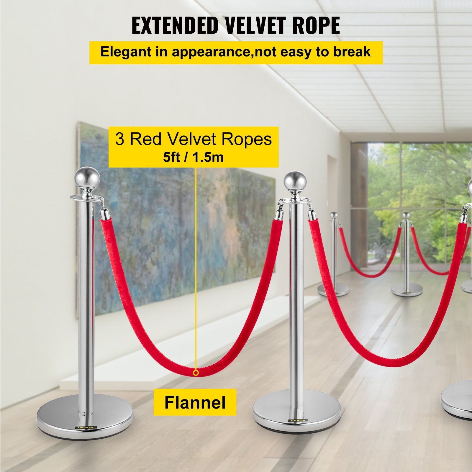 Stainless Steel Queue Posts 6PCS 37.4in w/ 5ft Red Flannel Rope
