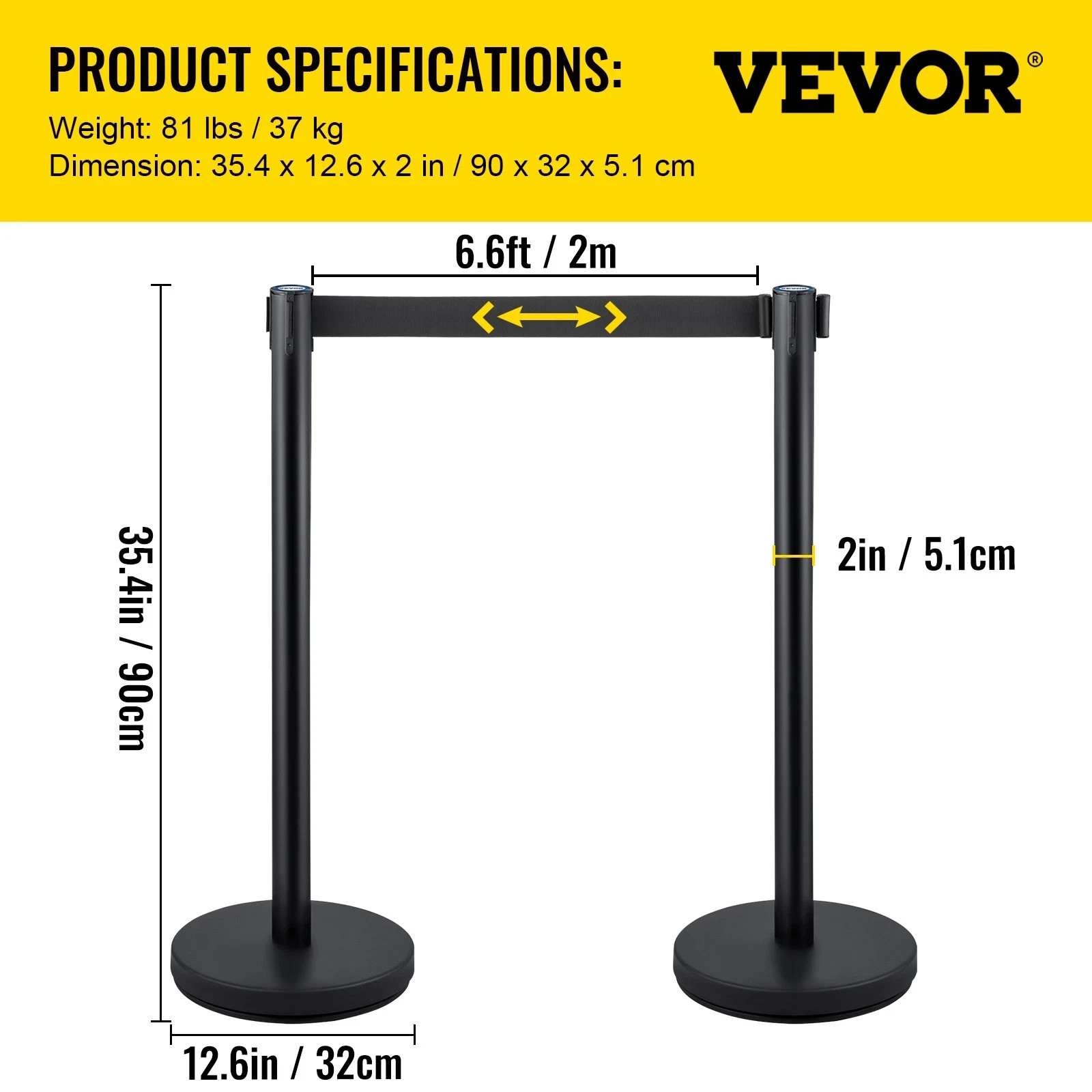 VEVOR 6PCS Black Belt Stanchion Posts Stand Rope Retractable Crowd Barrier