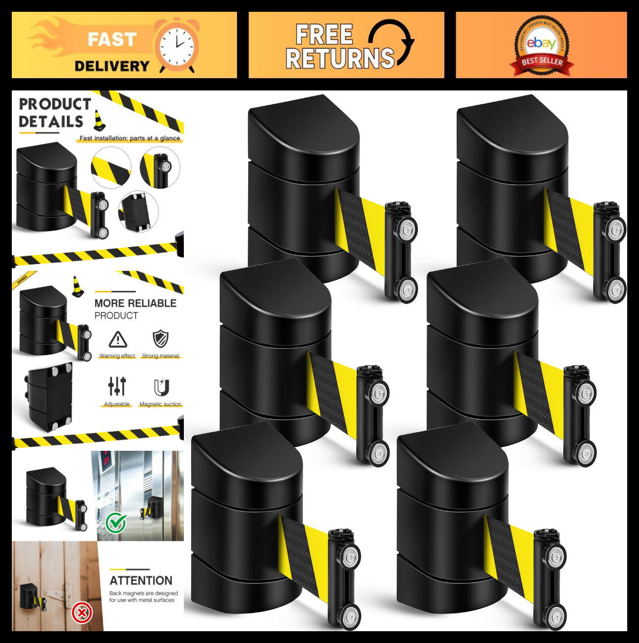 6 Pack 16.4ft Magnetic Wall Mount Retractable Belt Safety Barrier – Crowd Contro