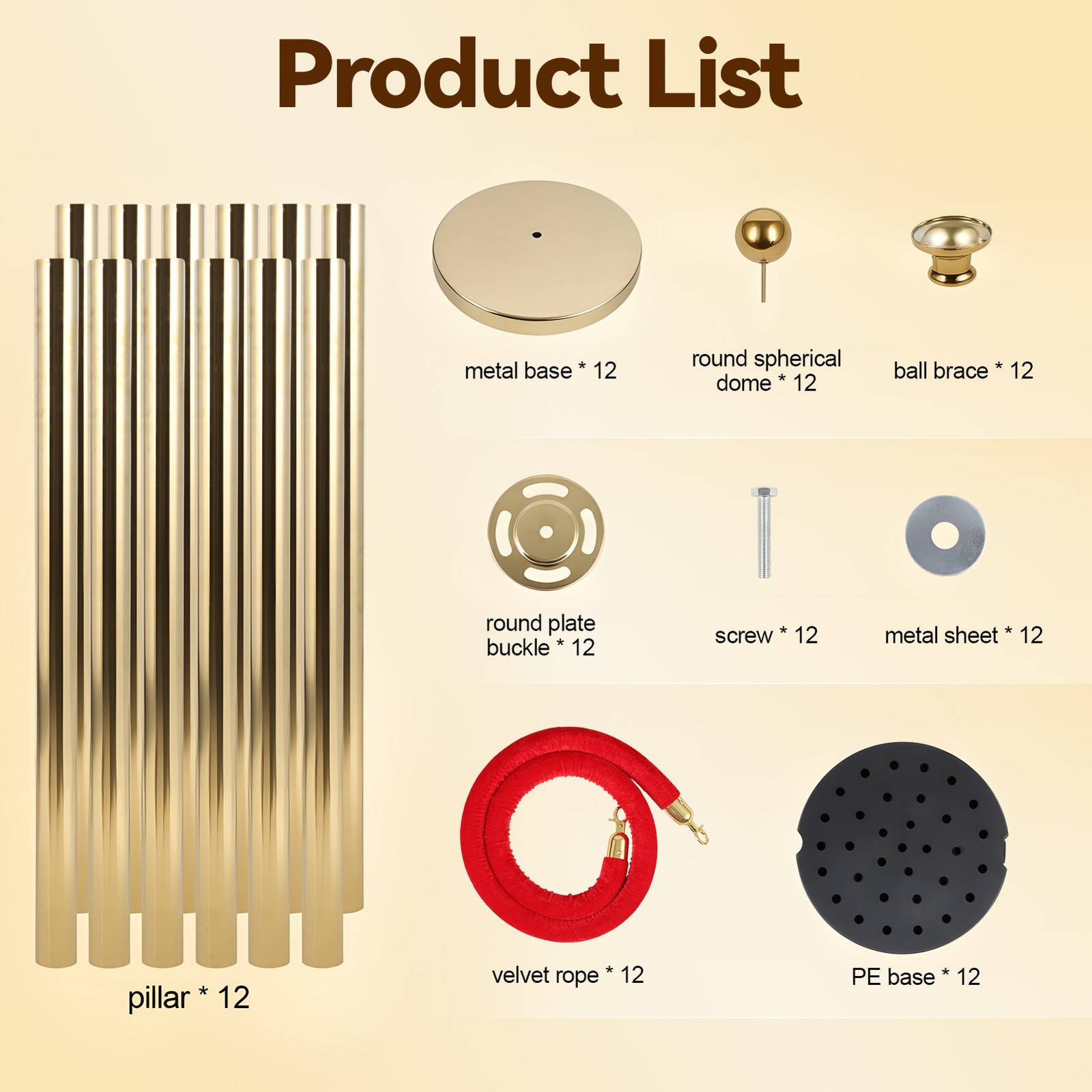 8Pcs Stanchion Post Queue Barrier Crowd Control Sand Base Gold with Velvet Ropes