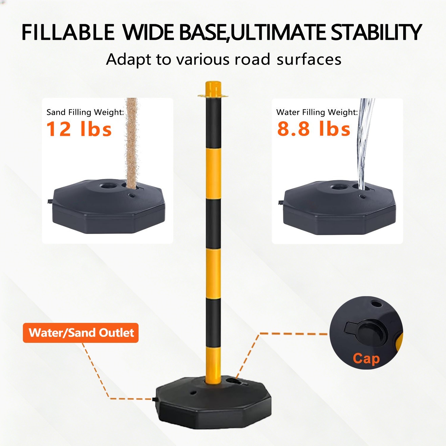 （Used）12Pack 34″Adjustable Delineator Post Cones Fillable Base6.6FT Chain