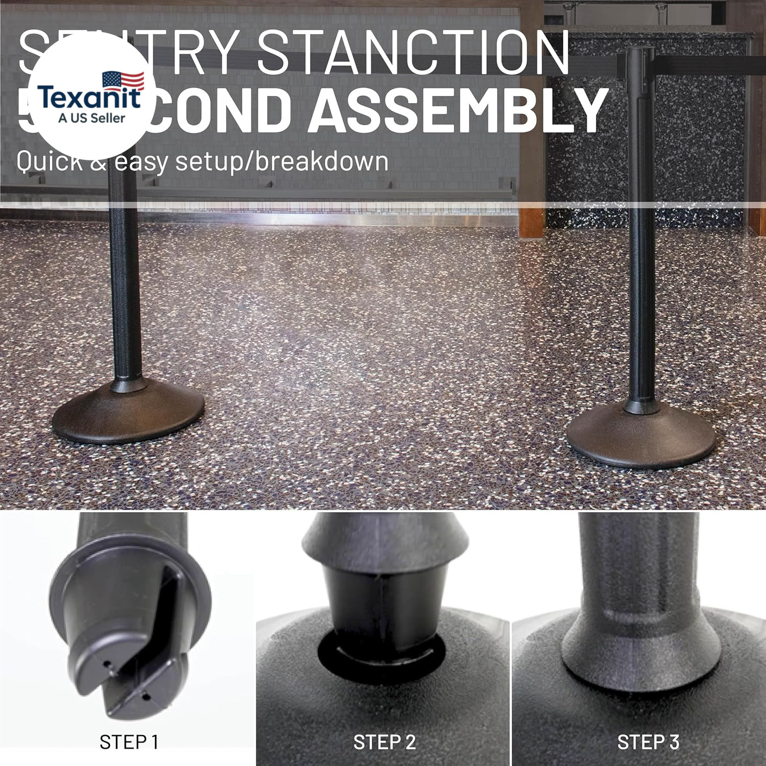 Black Plastic Stanchion for Crowd Control with 6.5′ Retractable Black Barrier Be