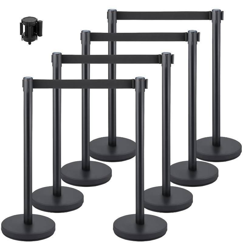VEVOR Crowd Control Stanchion Set 6‑Pack – 6.6 ft Black Retractable Belt, 35.4″