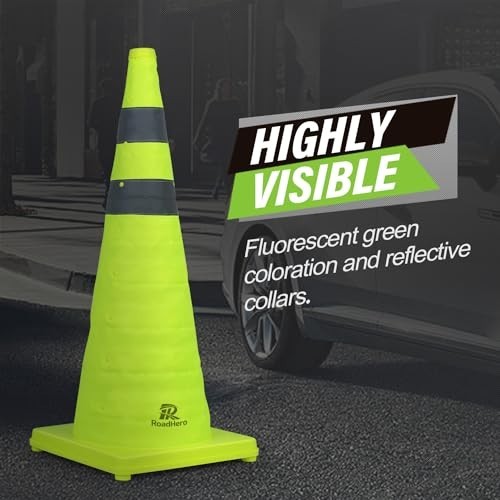 28″ Collapsible Traffic Safety Cones – 4 Pack, Lime Green, Reflective Collar, Ro