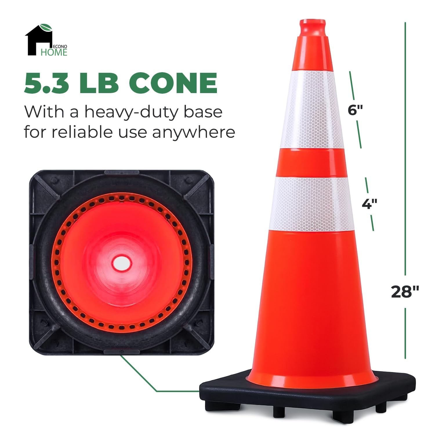 Econohome 28-Inch Tall 8-Pack Reflective Traffic Cones – 5.3 Lbs Weighted