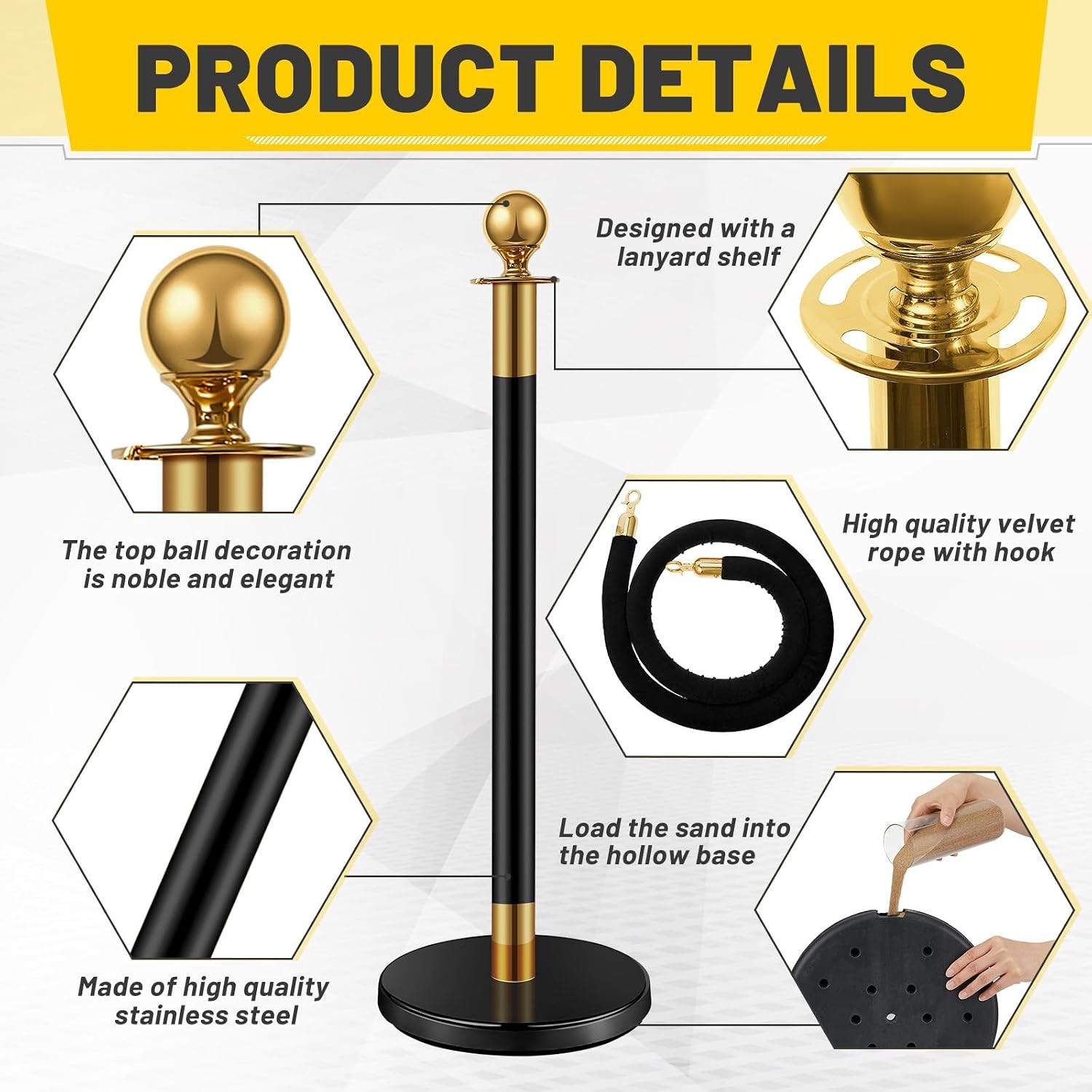 8 Pcs Stainless Steel Stanchions 5 ft Velvet Ropes Crowd Control Barriers Black