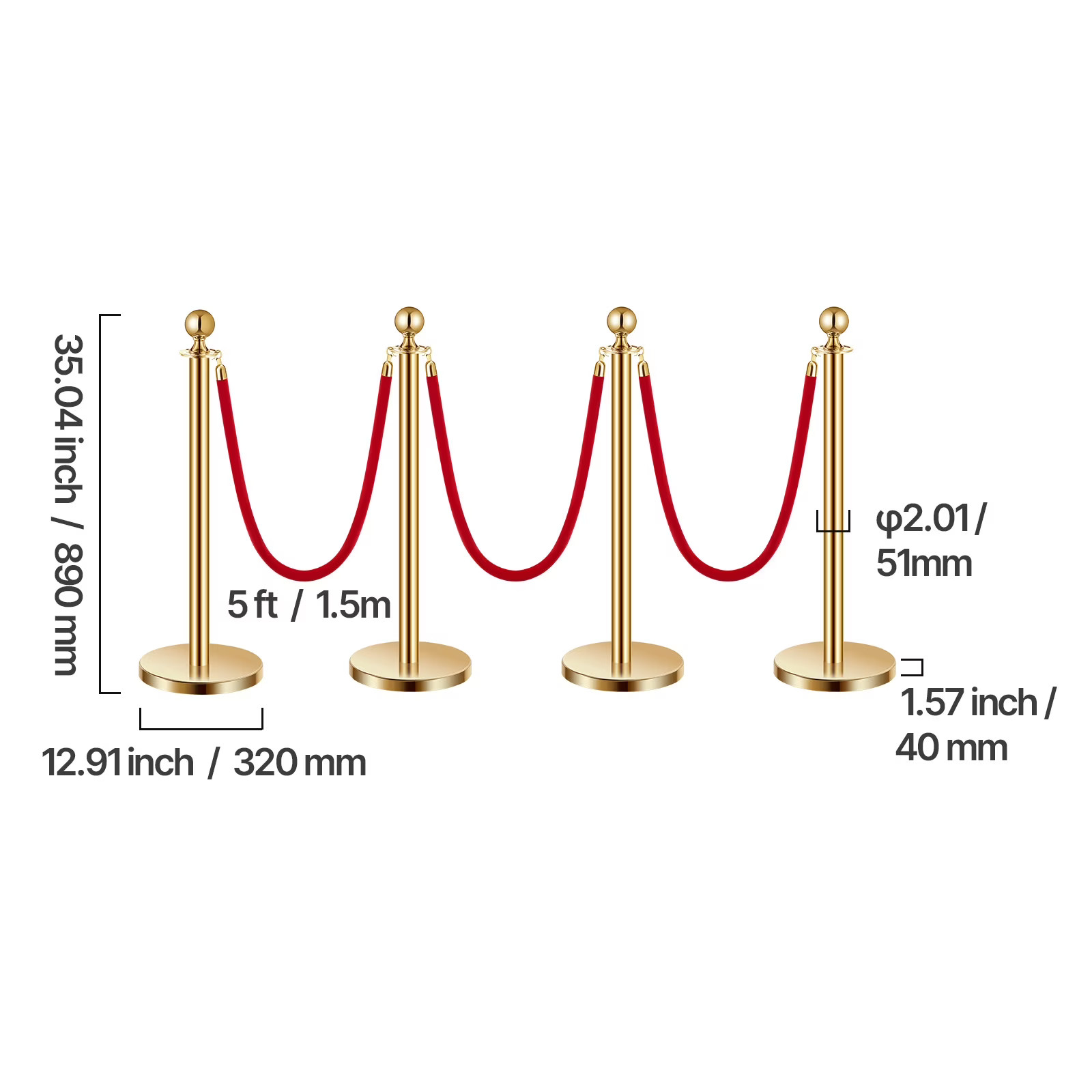 KFFKFF 4Pcs Crowd Control Barriers, Gold Stanchions with Red Velvet Ropes