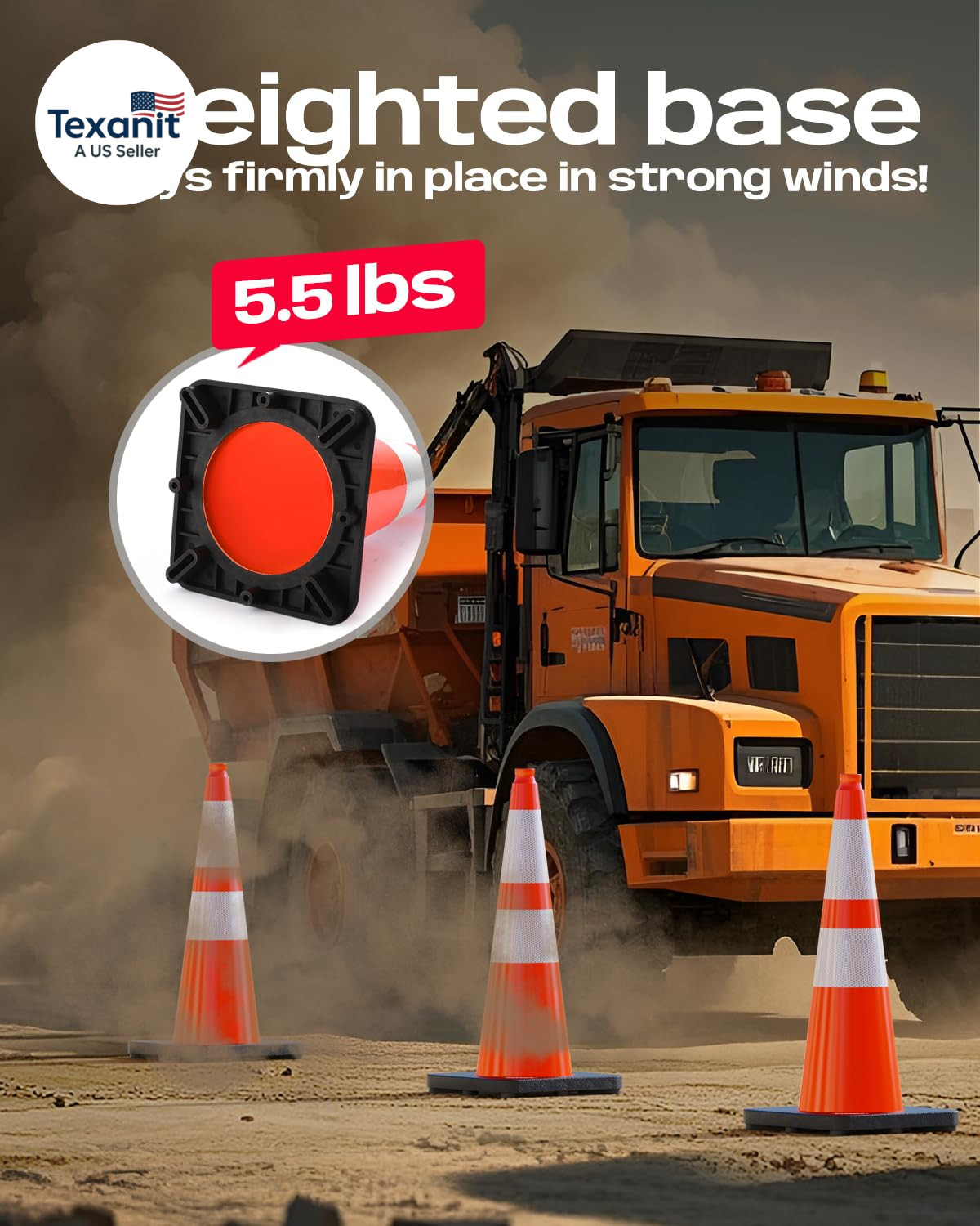 28 Inch Traffic Cones with Black Weighted Base, PVC Orange Safety Cones for Traf