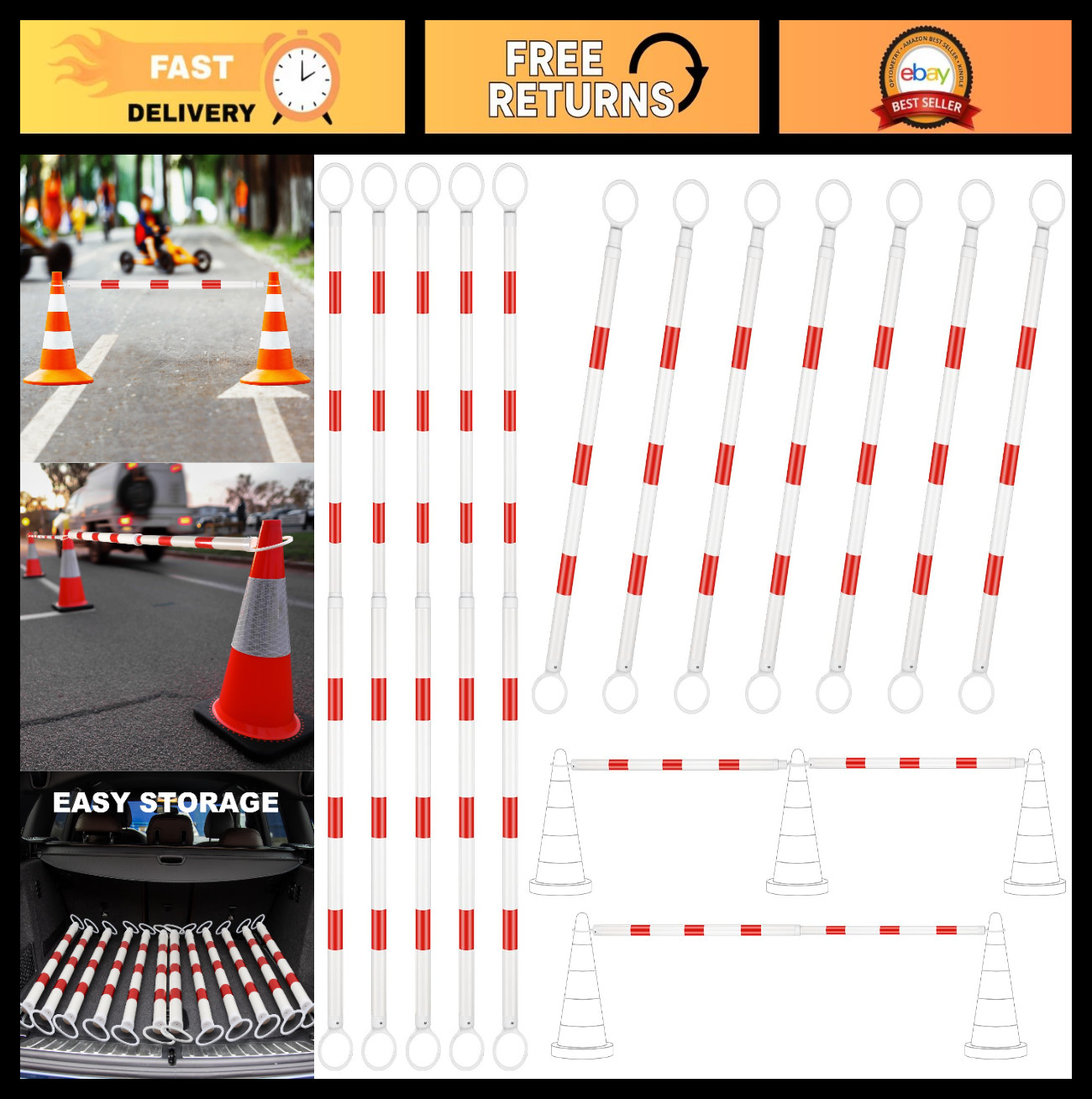 12 Pcs Expandable Traffic Cone Bar 4-6.9 ft – Lightweight Safety Barricade for R