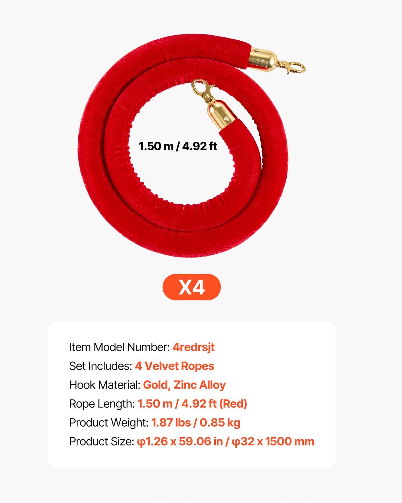 VEVOR 4 Pcs Red Velvet Stanchion Ropes 5 ft Stanchion Post Ropes with Gold Hooks