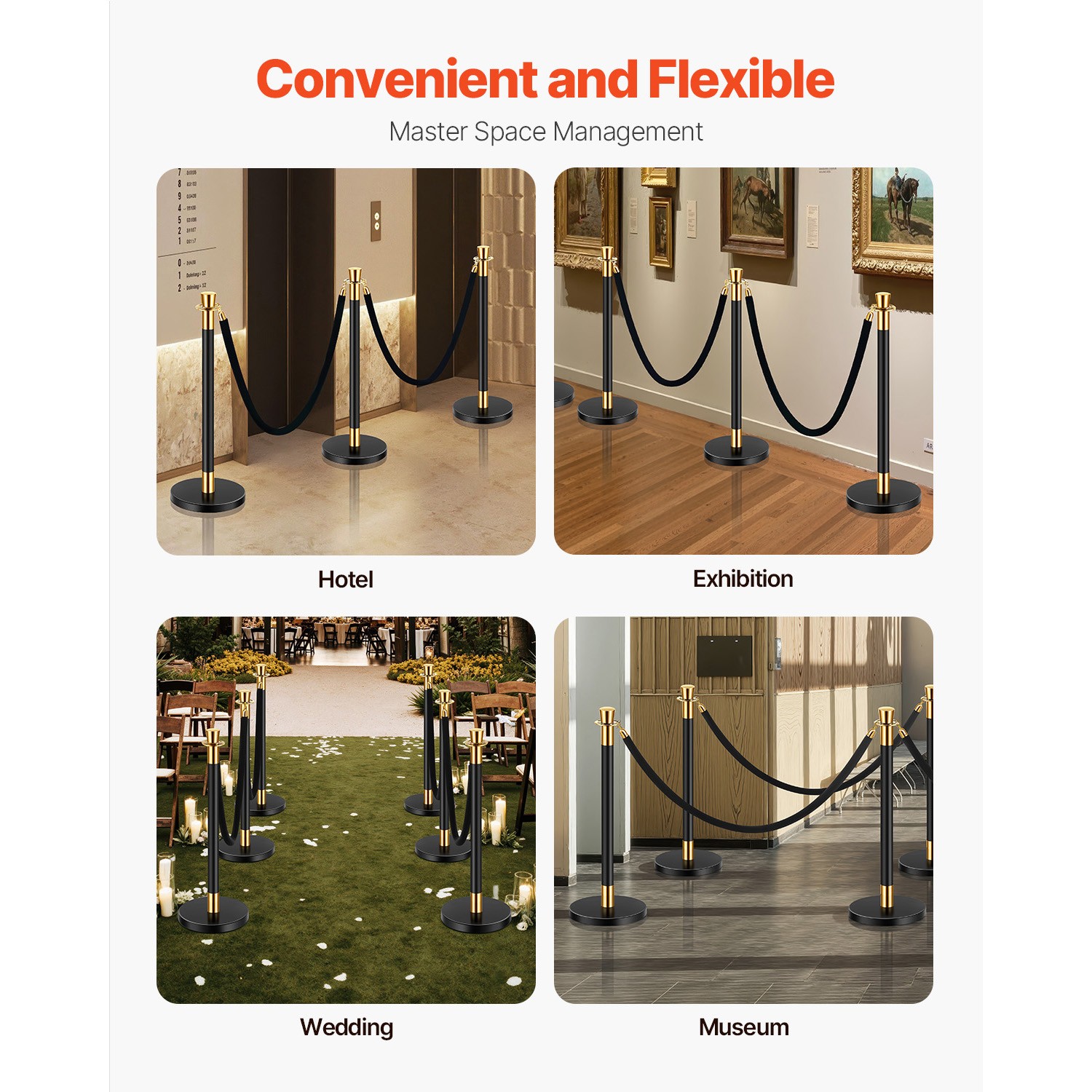 Uimoso 6 Pcs Stanchion Post with 4 Black Velvet Ropes Sand Injection Hollow Base