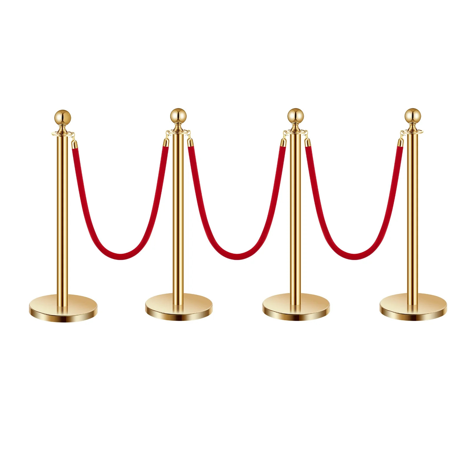 KFFKFF 4Pcs Crowd Control Barriers, Gold Stanchions with Red Velvet Ropes