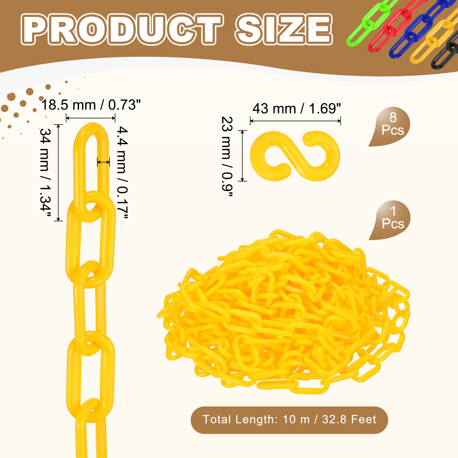 Barrier Chain, (32.8ft 0.7″ Dia., Yellow), Plastic Safety Chain Links W S Hooks