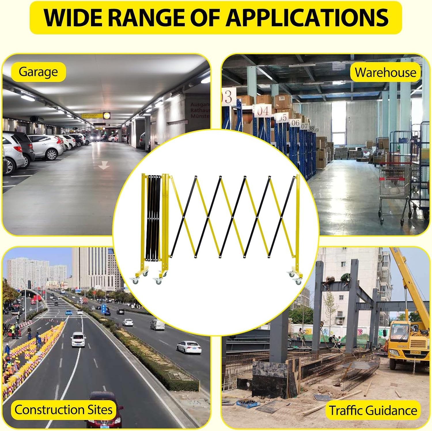 19.8×3.4ft Expandable Metal Barricade Safety Traffic Barrier W/ Casters Yellow