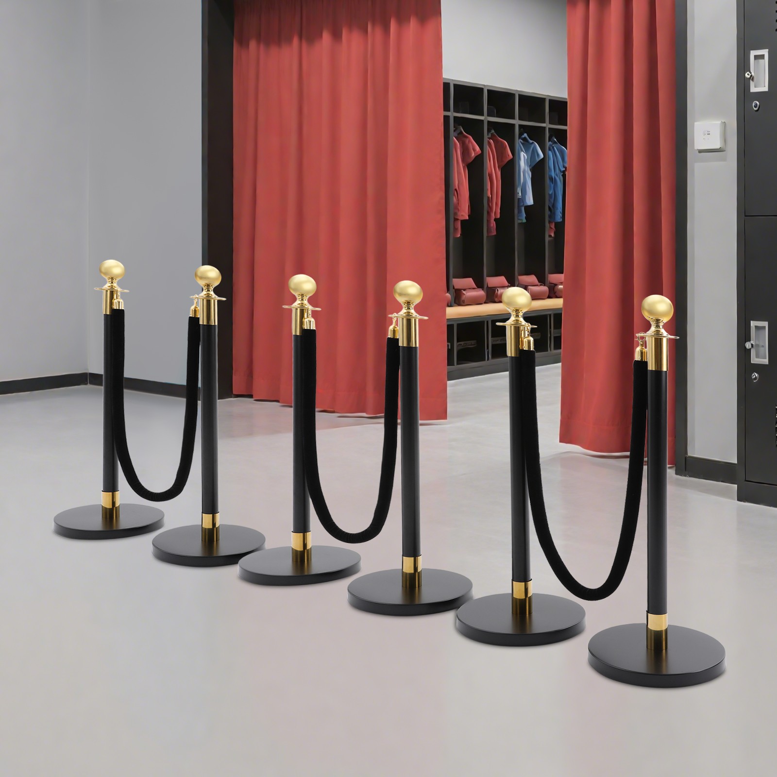 6PCS Black+Gold Stanchion Posts Queue Pole w/ 4 1.5M Ropes Crowd Control Barrier