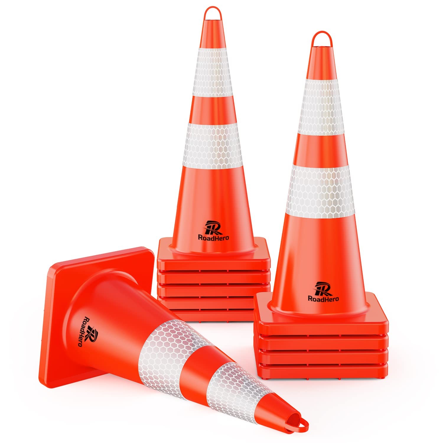 RoadHero (10 Pack) Traffic Cones 28 Inch – Safety Cones with Reflective Collar –