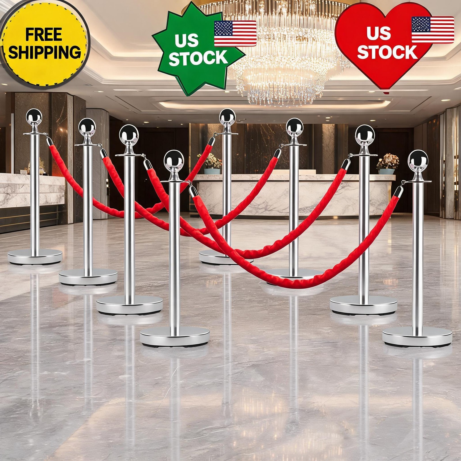 8 PCS Stainless Steel Stanchion Post Queue 5 ft Red Carpet Ropes and Pole Crowd
