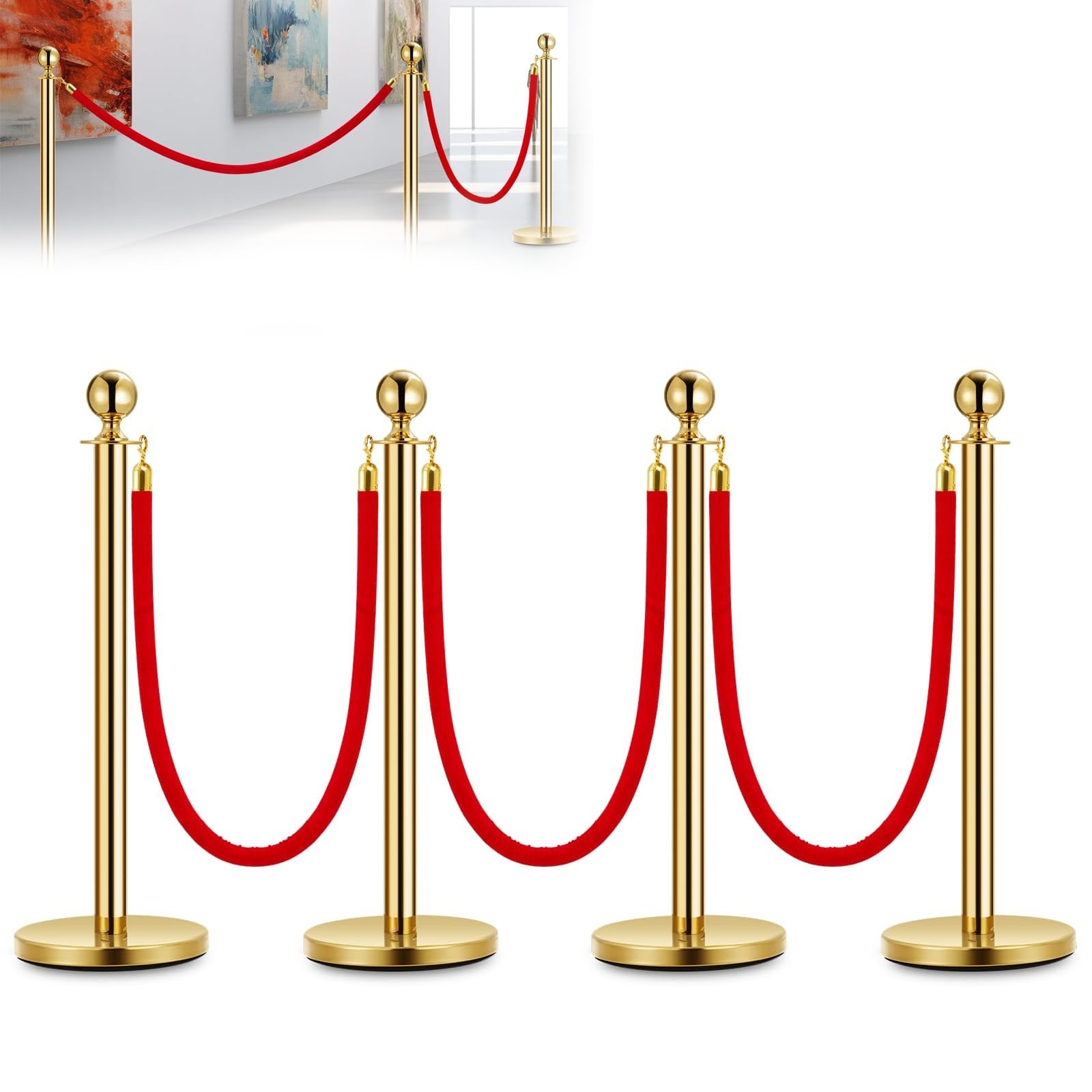 Crowd Control with Ropes, 4PCS Gold Stanchions and 3PCS Red Flannel Rop Barriers