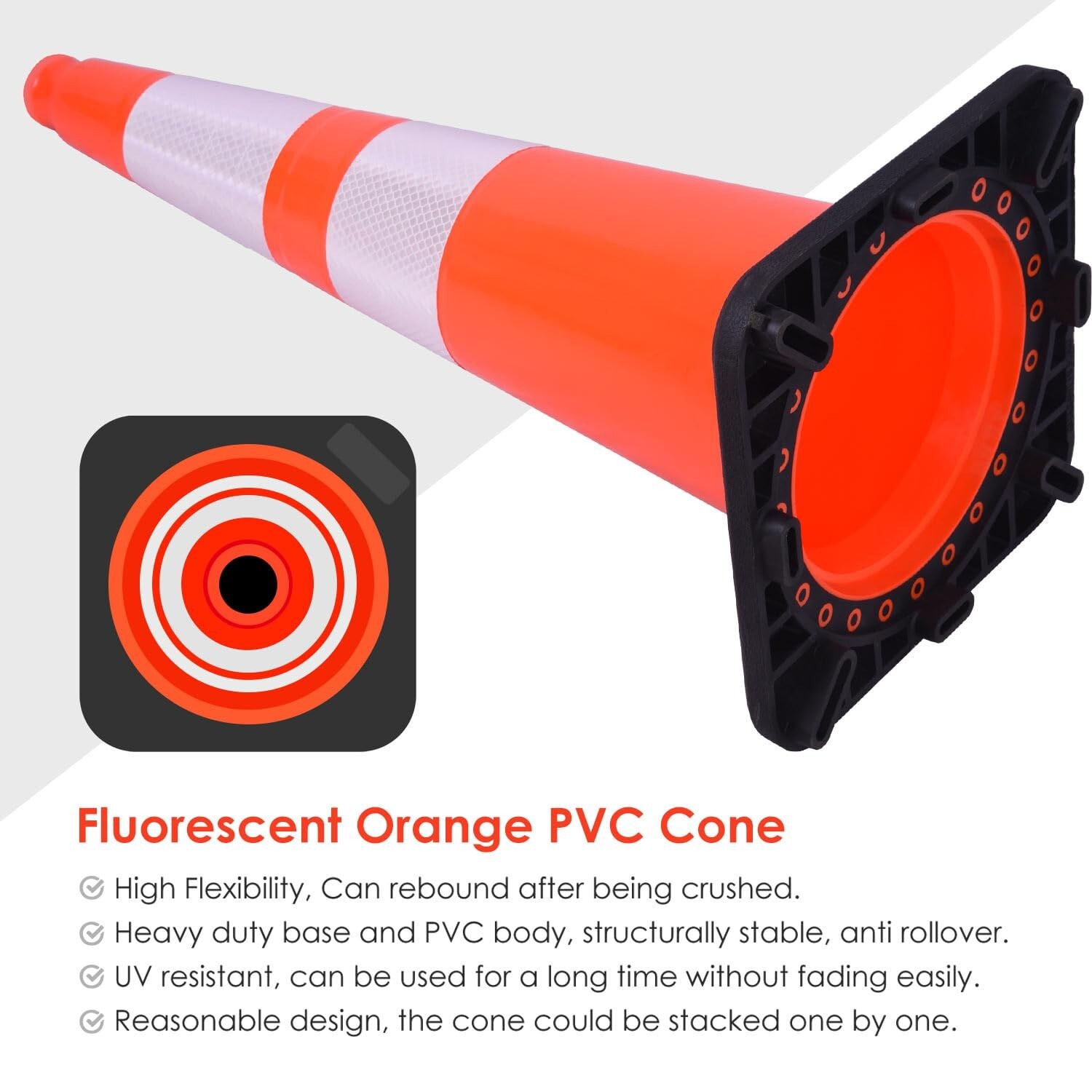 Orancl 12 – 36InchFlexible Black Base PVC Traffic Cone with Reflective Collar