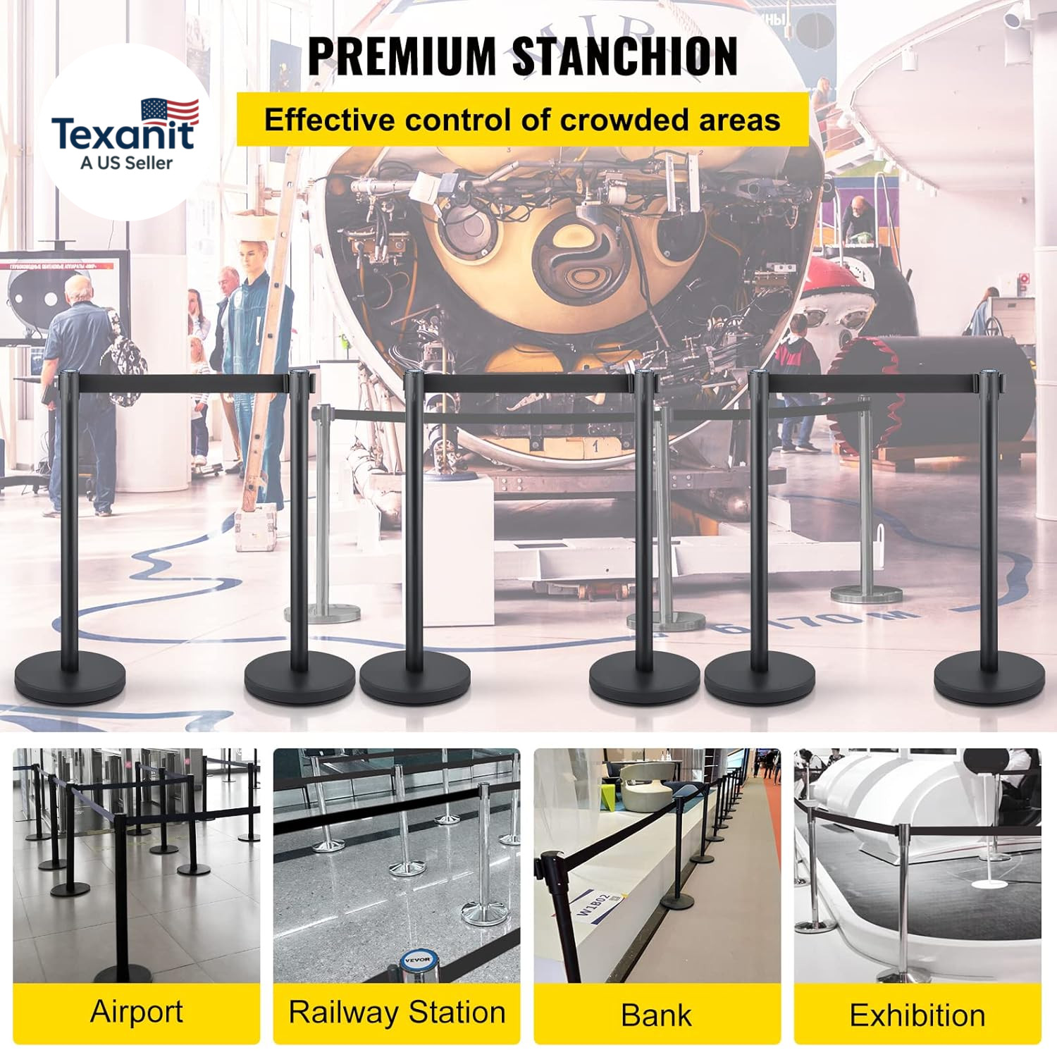 Crowd Control Stanchion Set, Stanchion Set with 6.6 Ft/2 M Black Retractable Bel