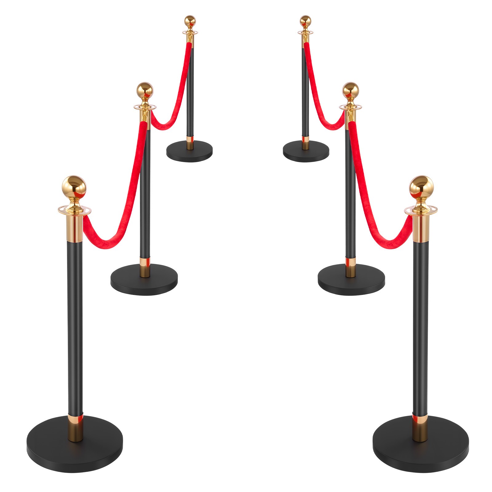 VEVOR 6 Pcs Stanchion Post with Red Carpet & 4 Red Velvet Rope Hollow Base Black