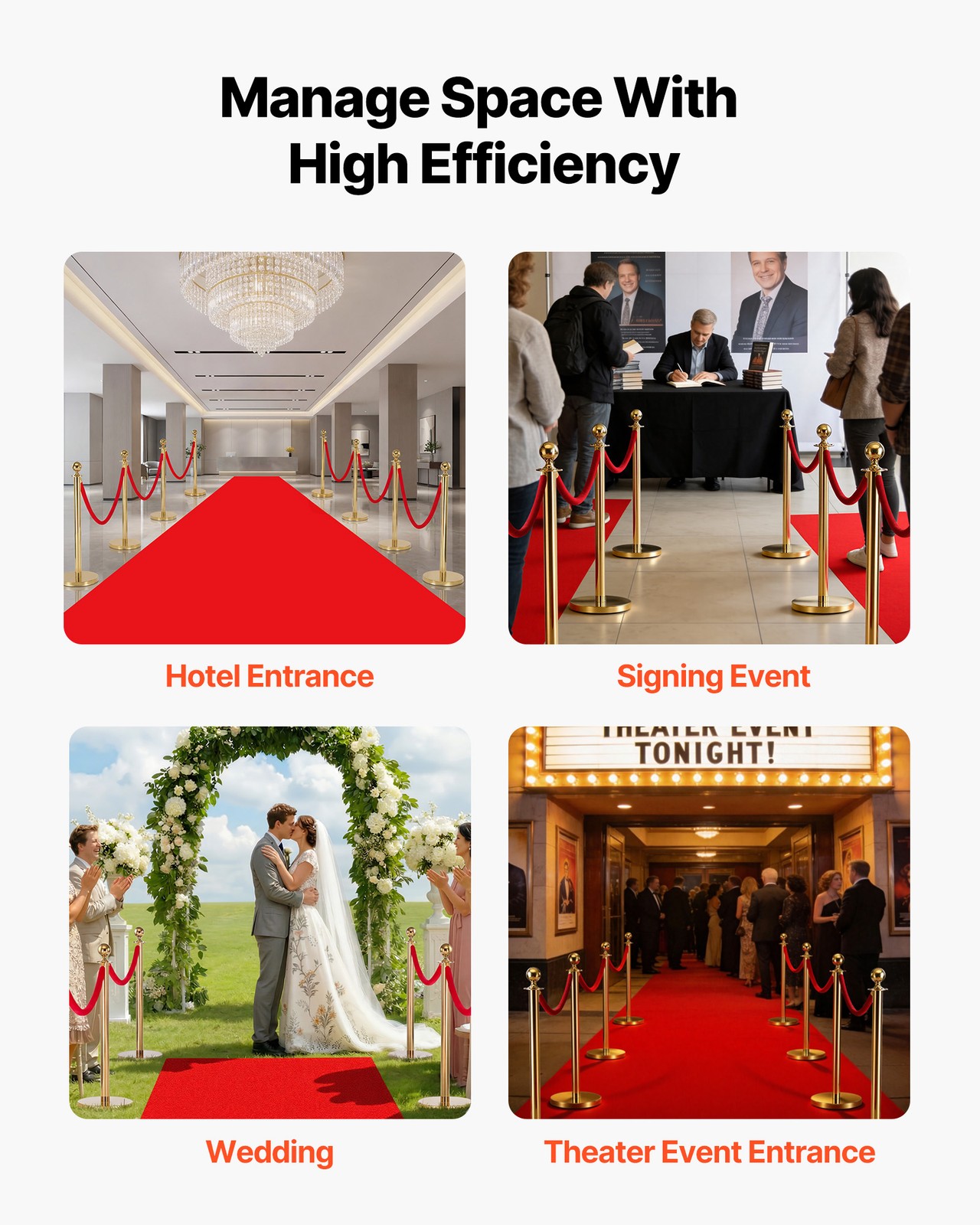VEVOR 8 Pcs Stanchion Post with Red Carpet & 6 Red Velvet Ropes Hollow Base Gold