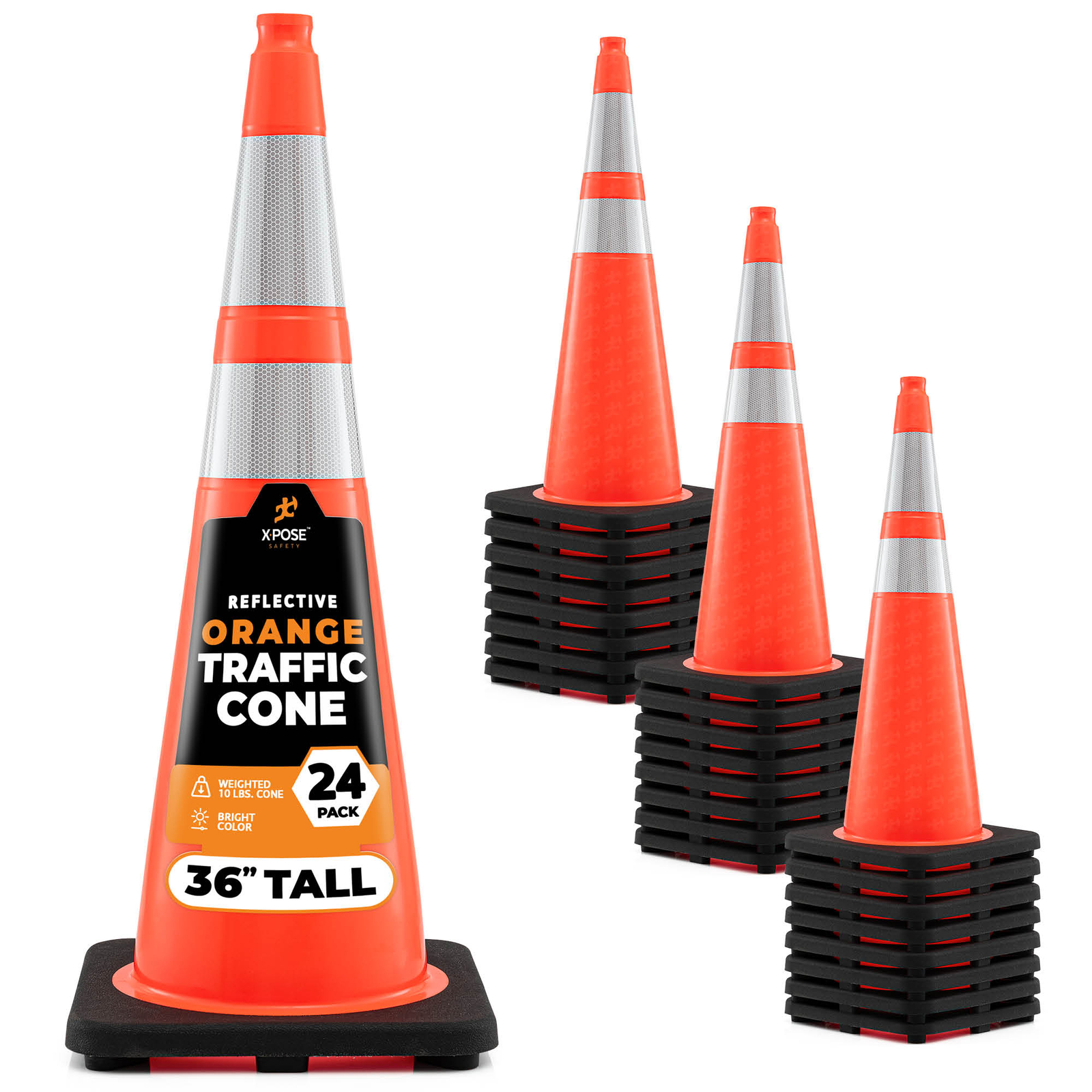 24 of Orange Traffic Cones 36 Inch w/ 6″ & 4″ Collars – PVC Plastic Safety Cone