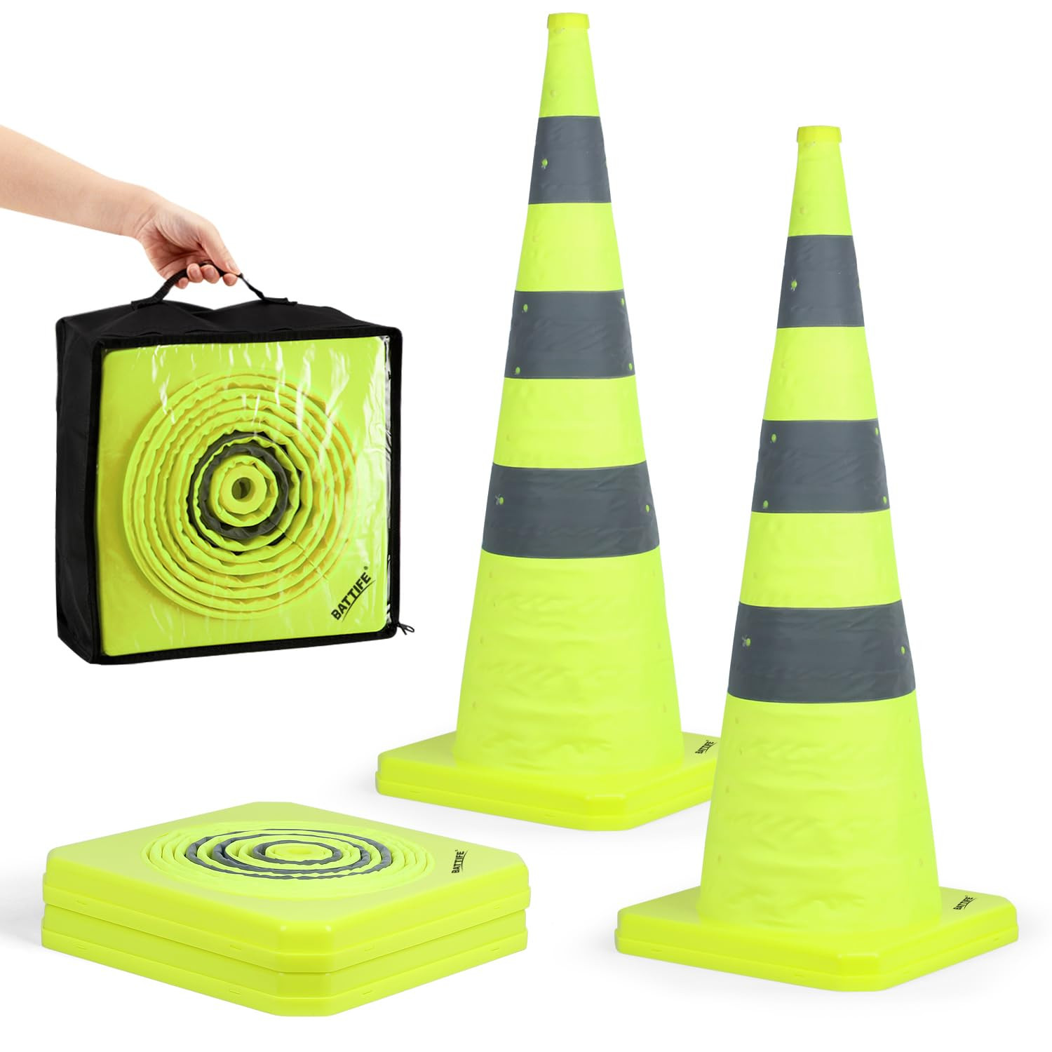 2 Pack 36 Inch Collapsible Traffic Cones, Lime Green Safety Cones, Pop-Up Cones