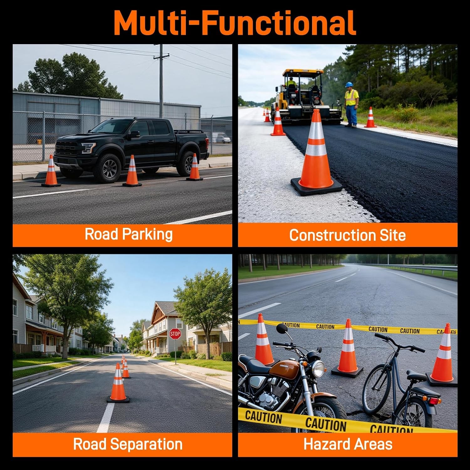 28 Inch Traffic Cones W/ 7 Lb Black Base & Reflective Collars Durable