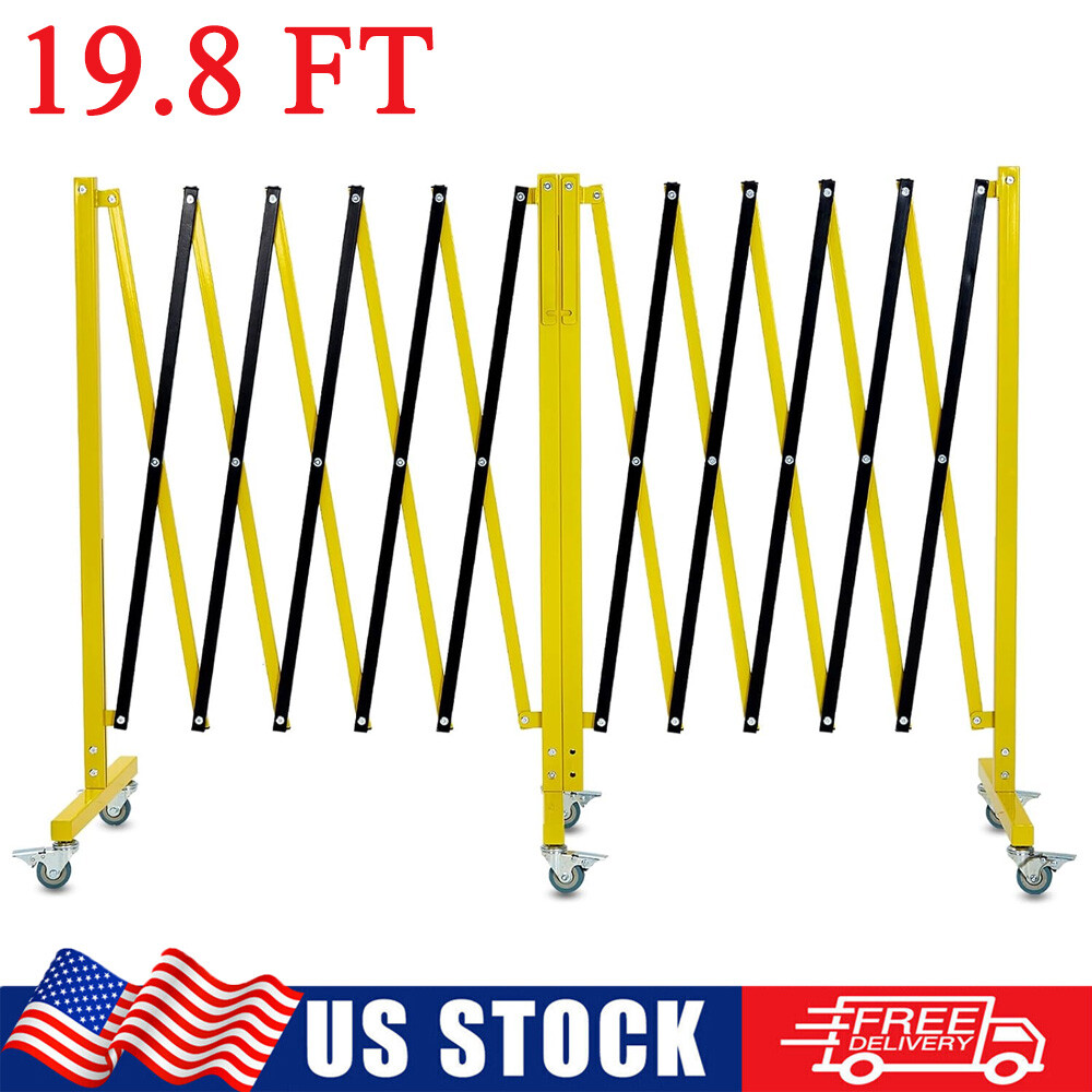 19.8×3.4ft Steel Expandable Barricade Portable Safety Traffic Barrier w/ Casters