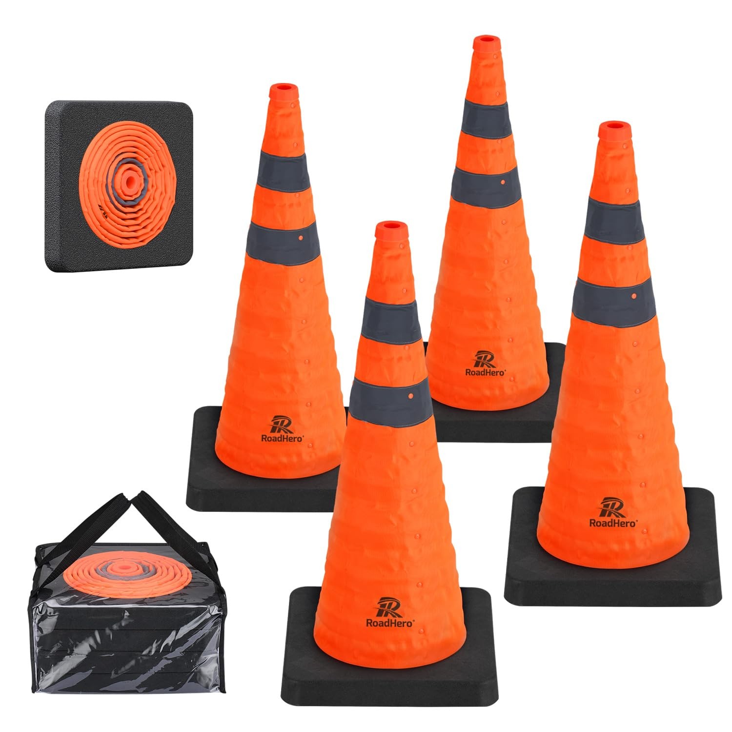 28 Inch Collapsible Traffic Safety Cones with Black Weighted Base, Constructi…