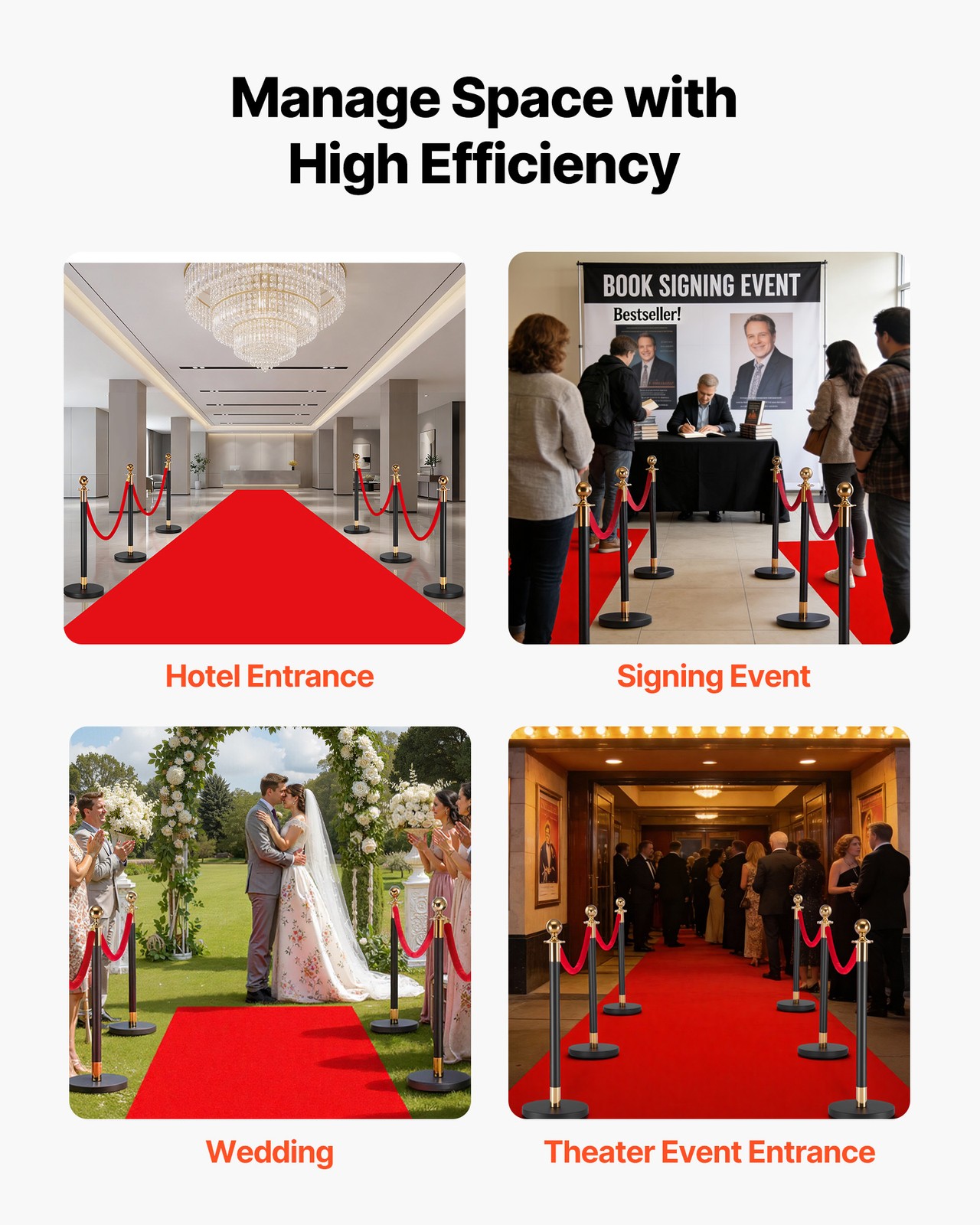 VEVOR 6 Pcs Stanchion Post with Red Carpet & 4 Red Velvet Rope Hollow Base Black