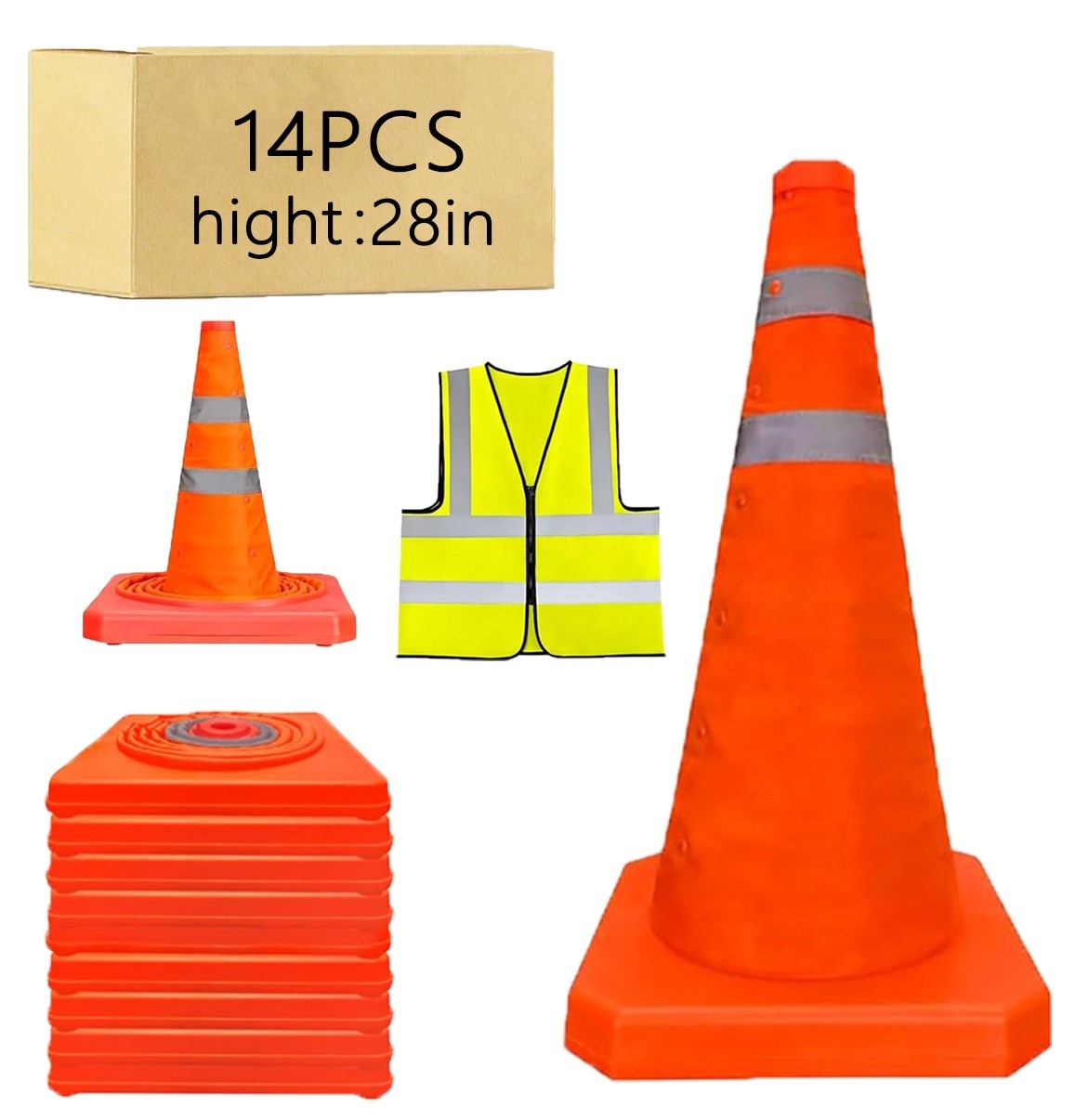 28Inch 14Pack Collapsible Orange Traffic Cone Reflective Collar With Safety Vest