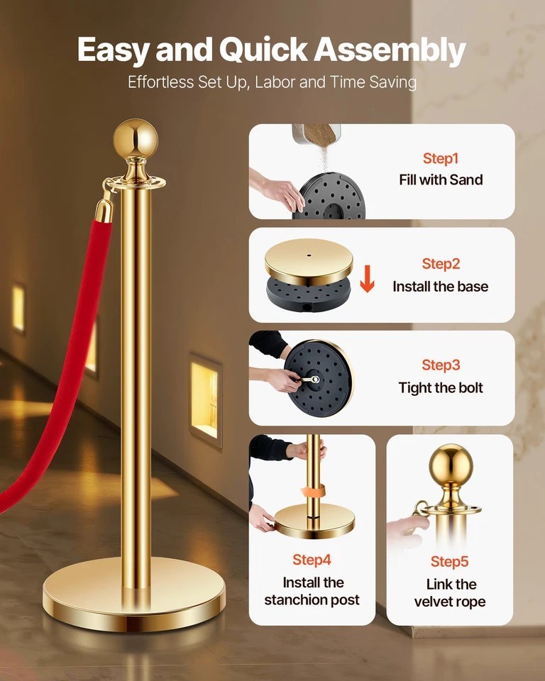 4Pcs Gold Stanchion Post Crowd Control Queue Barrier Sand Injection Base