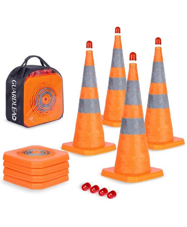 Collapsible Traffic Safety Cones 4 Pack 28 inch w/ LED Light by Guardlead
