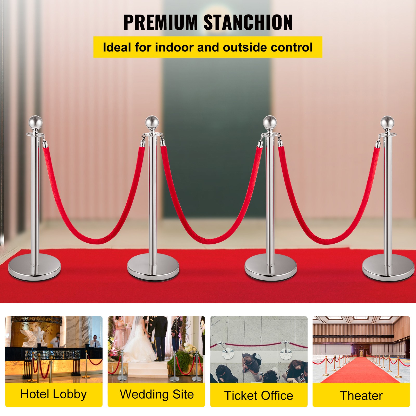 Crowd Control Stanchion Silver 4×37.8″ Pack 3 Ropes Exhibition Ceremony Red